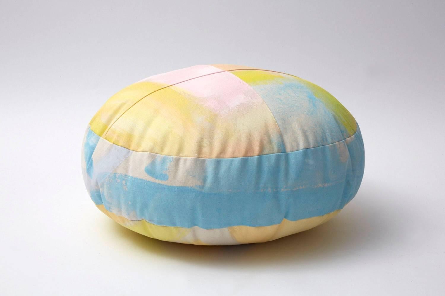 Hand-Painted Cotton Canvas Circular Sherbert Ottoman In New Condition In Brooklyn, NY