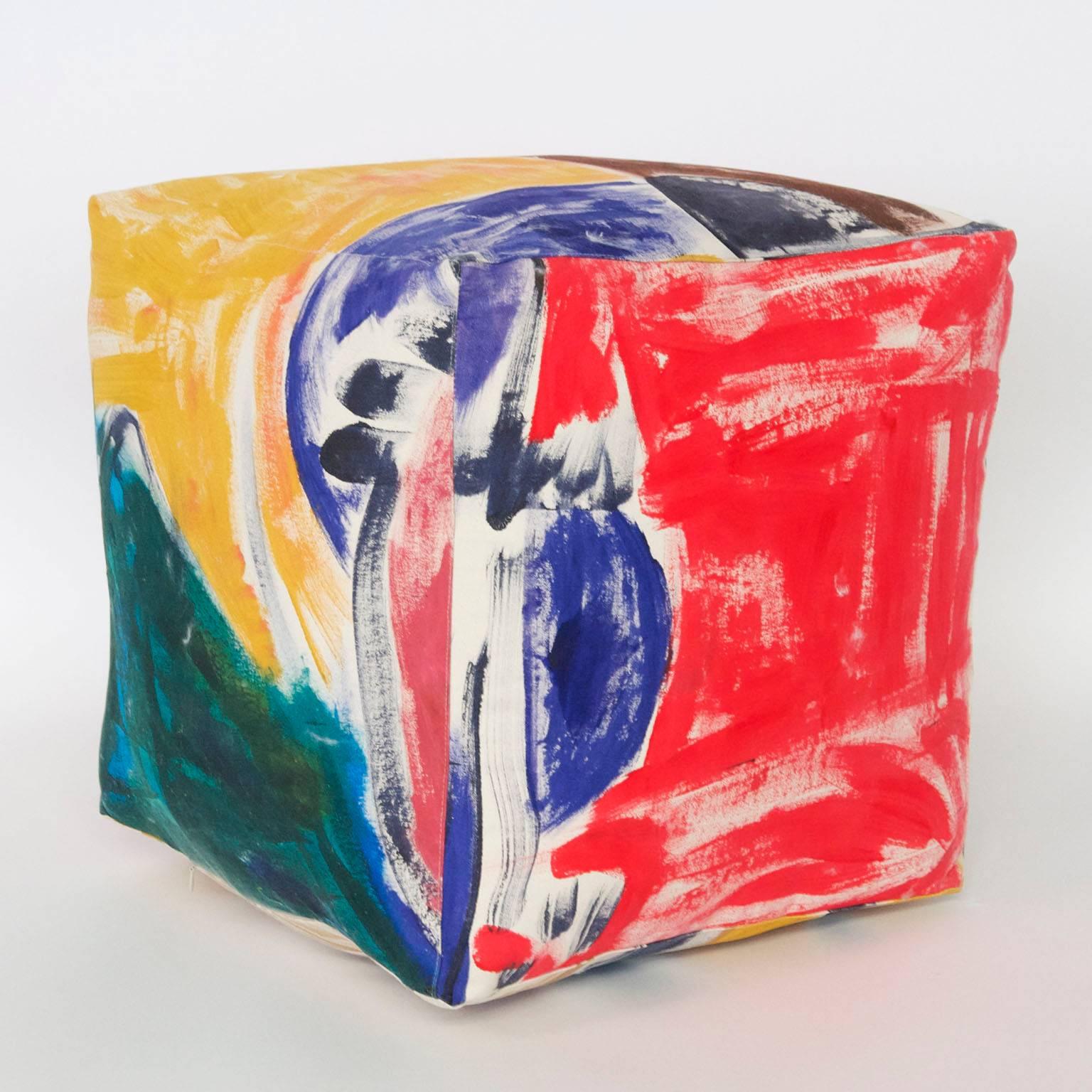 For Fort Makers, Naomi Clark paints vibrant abstract compositions on fabrics that are then made into useable objects. Each Hand-Painted Cotton Canvas Cube is a completely unique piece of art and can be customized according to  customers' color
