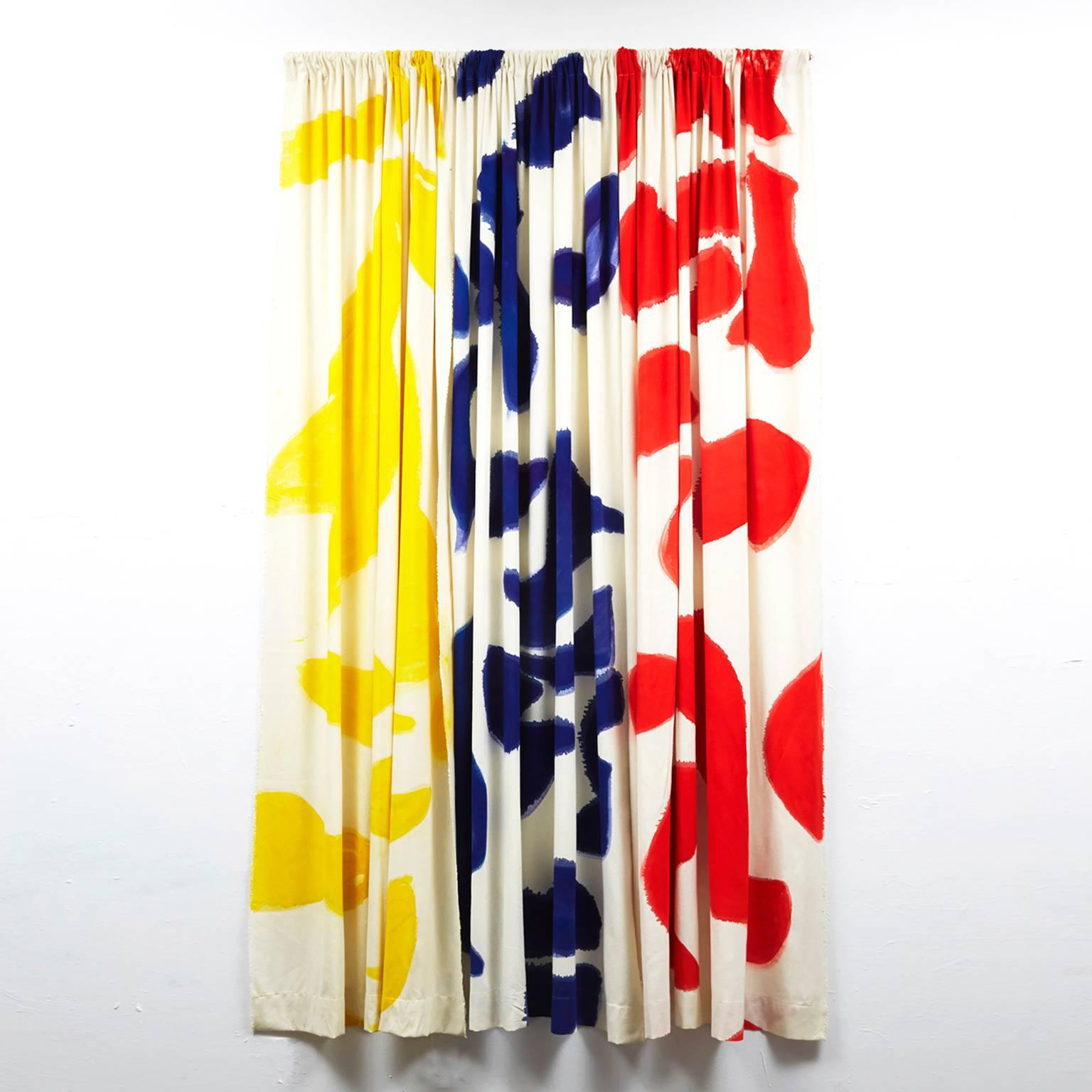 Other Amoeba Hand-Painted Silk Noil Yellow Curtain For Sale