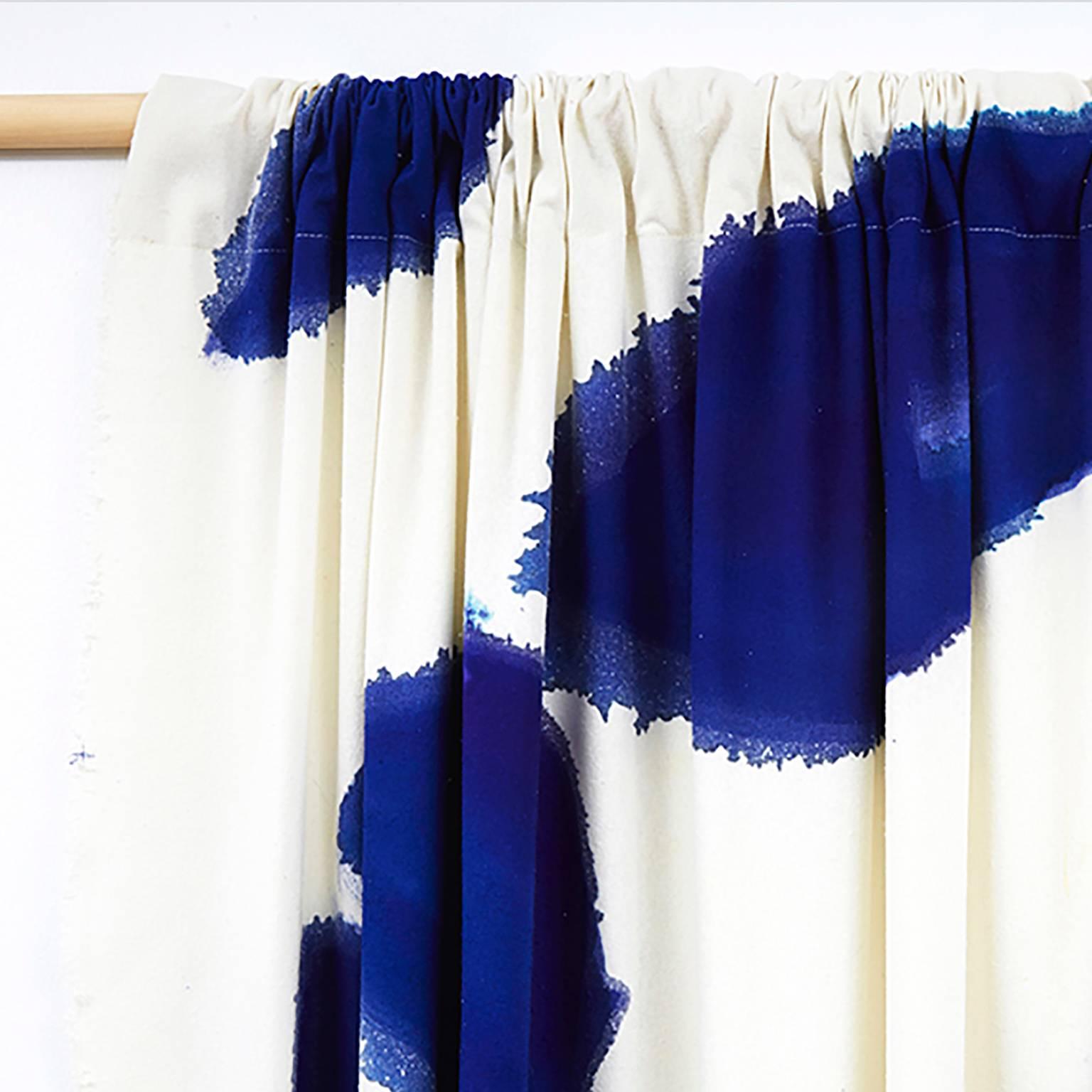 Other Amoeba Hand-Painted Silk Noil Blue Curtain For Sale