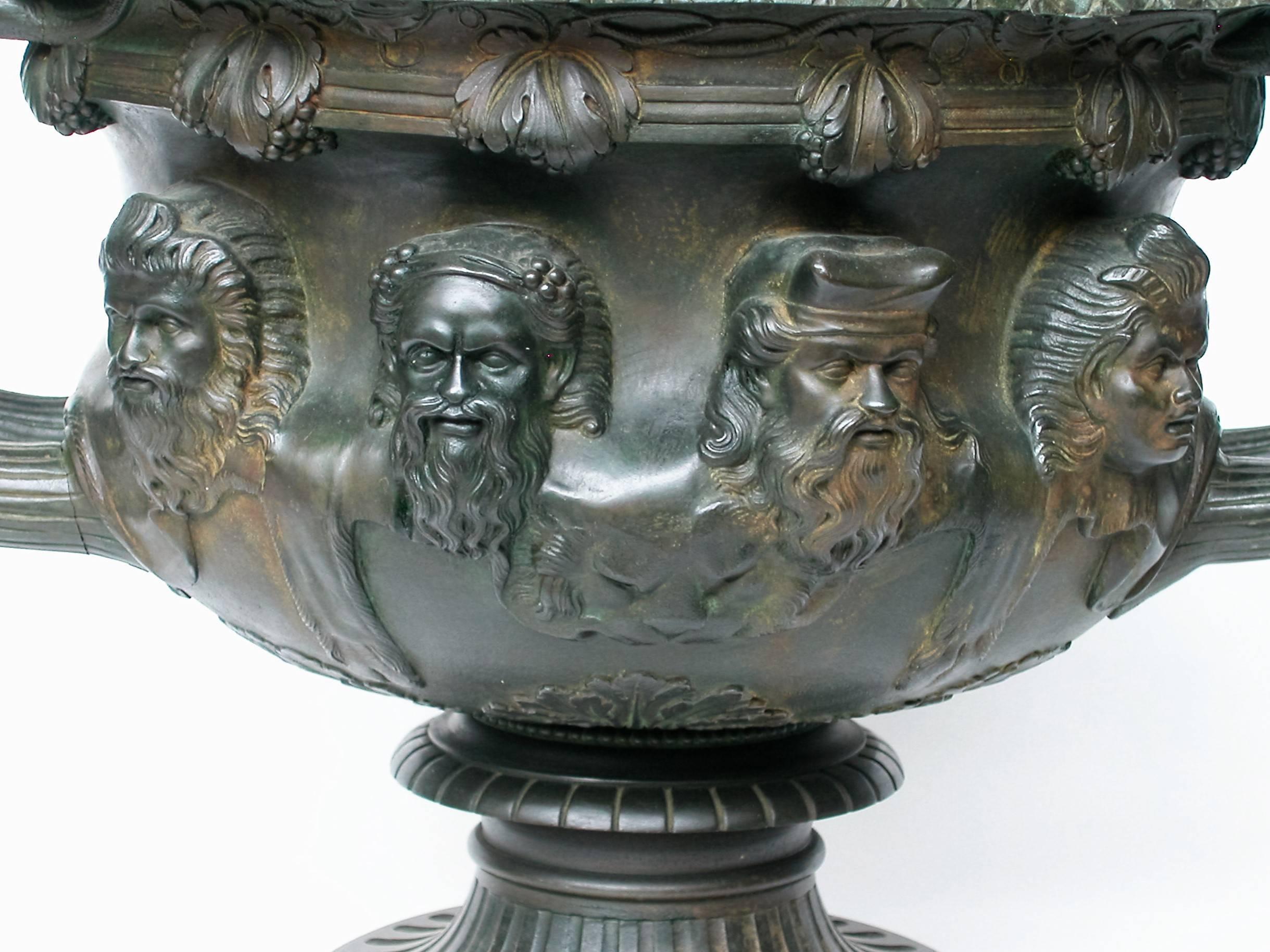 Monumental, antic Warwick vase in bronze.
The warwick vase is an ancient Roman marble vase with Bacchic ornament that was discovered at Hadrian's Villa, Tivoli about 1771 by Gavin Hamilton, a Scottish painter-antiquarian and art dealer in Rome. The