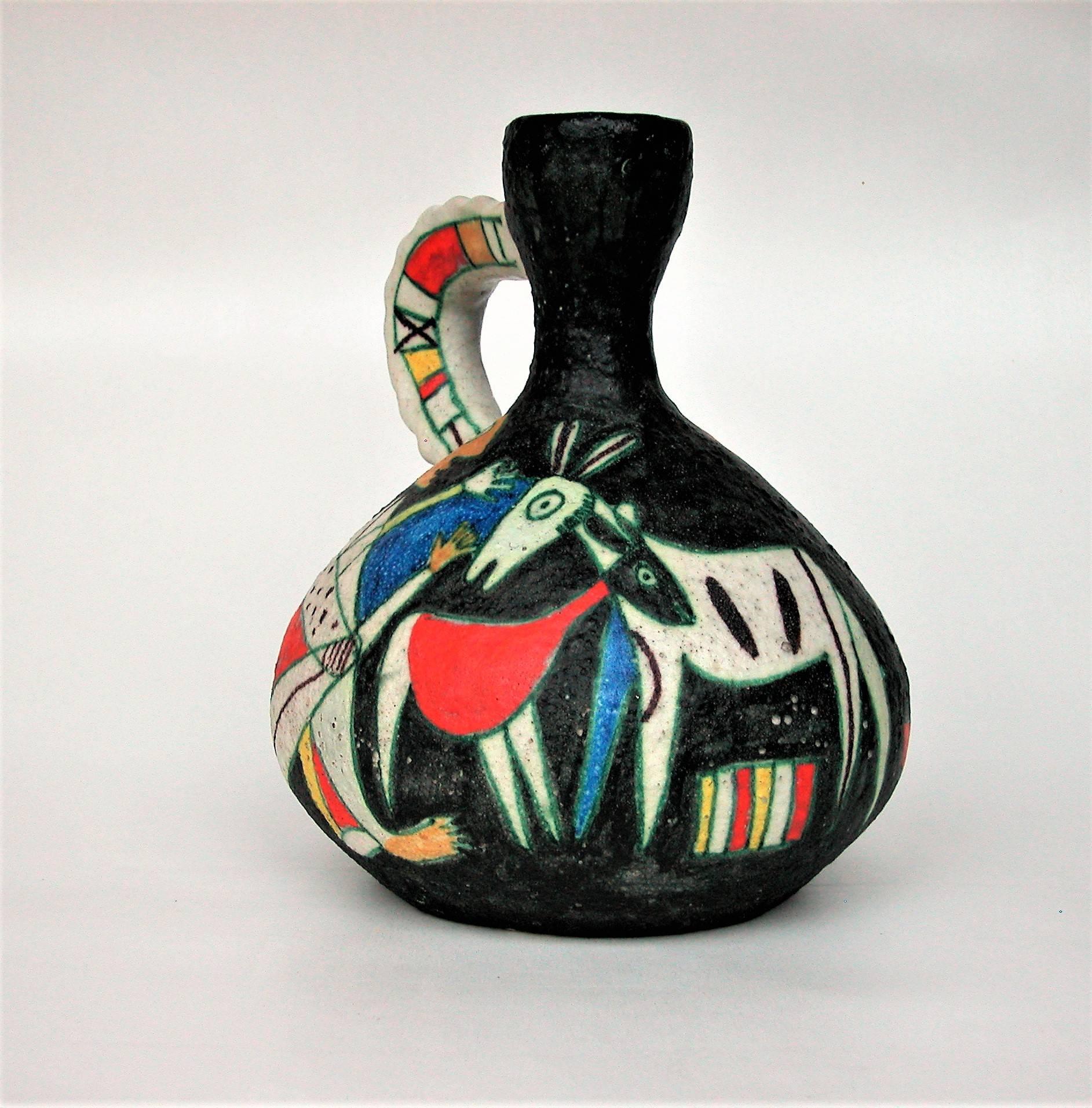 Polychromed Impressive and Large Guido Gambone Pitcher For Sale