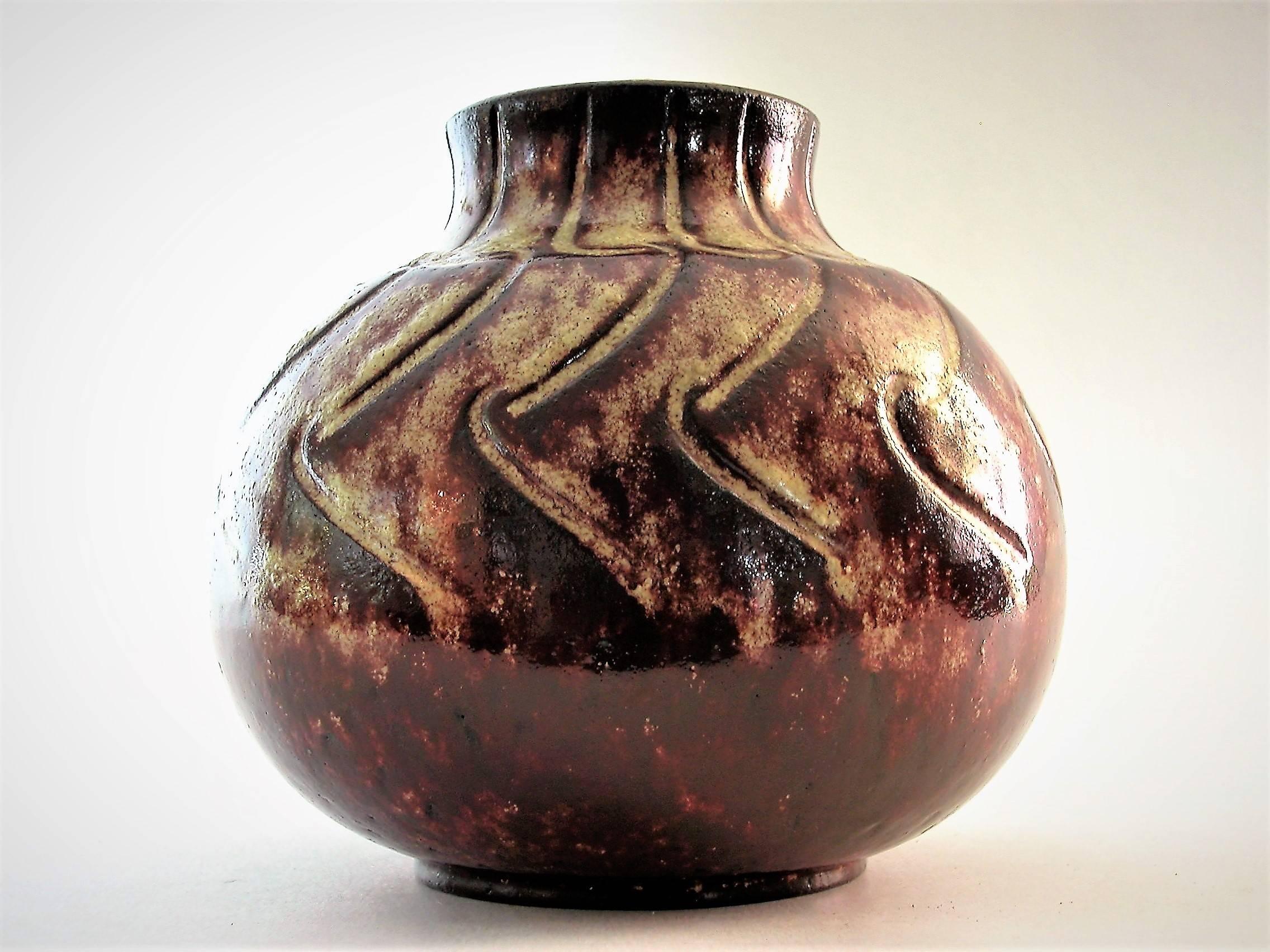 Mid-20th Century Rare Monogram RG Ceramic Vase, Raphaël Giarusso or Giarosso, for Accolay, Signed For Sale