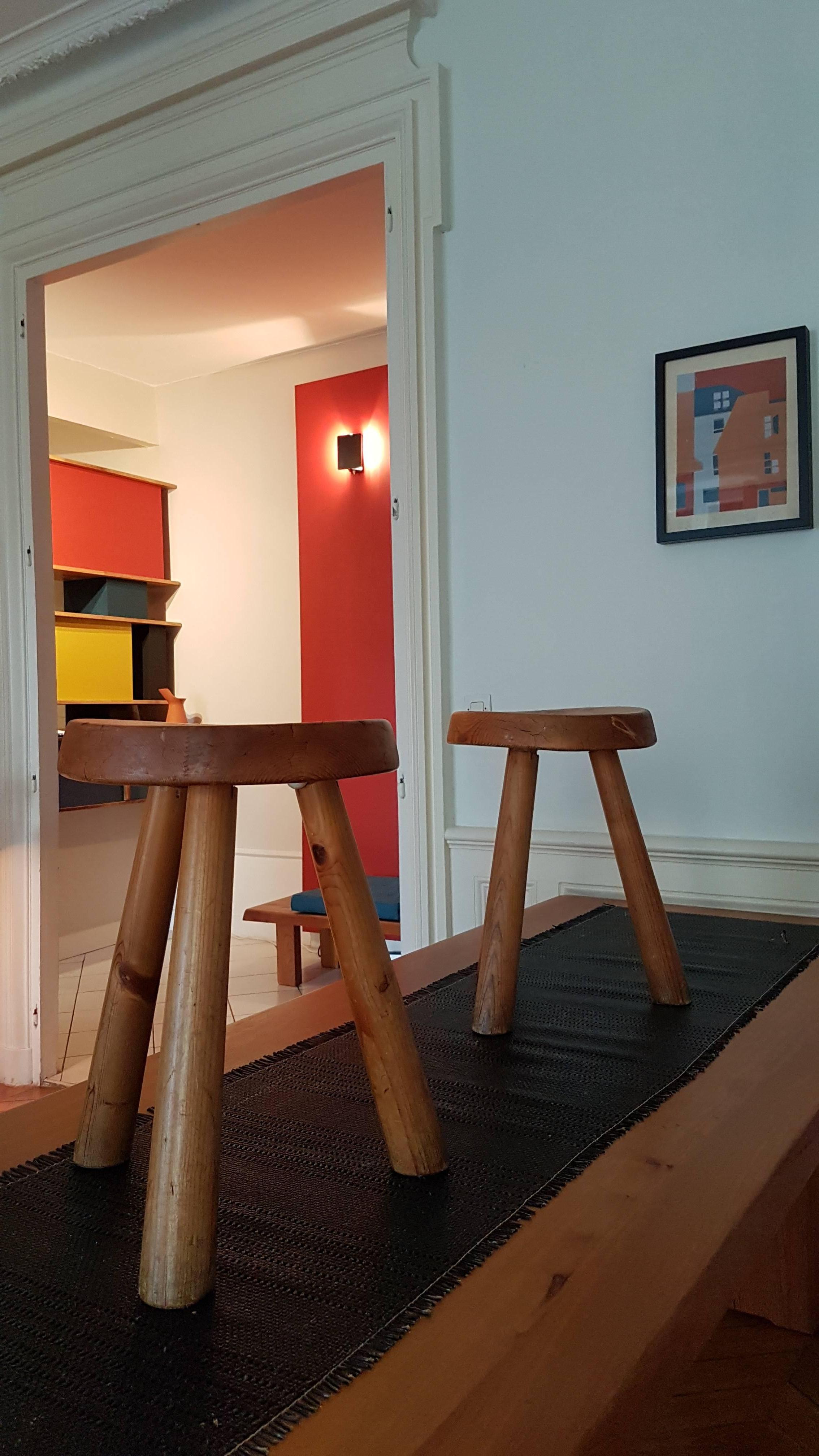 Pair of Charlotte Perriand Stool from 1966 in Bois D'Arolle In Good Condition For Sale In Lyon, FR