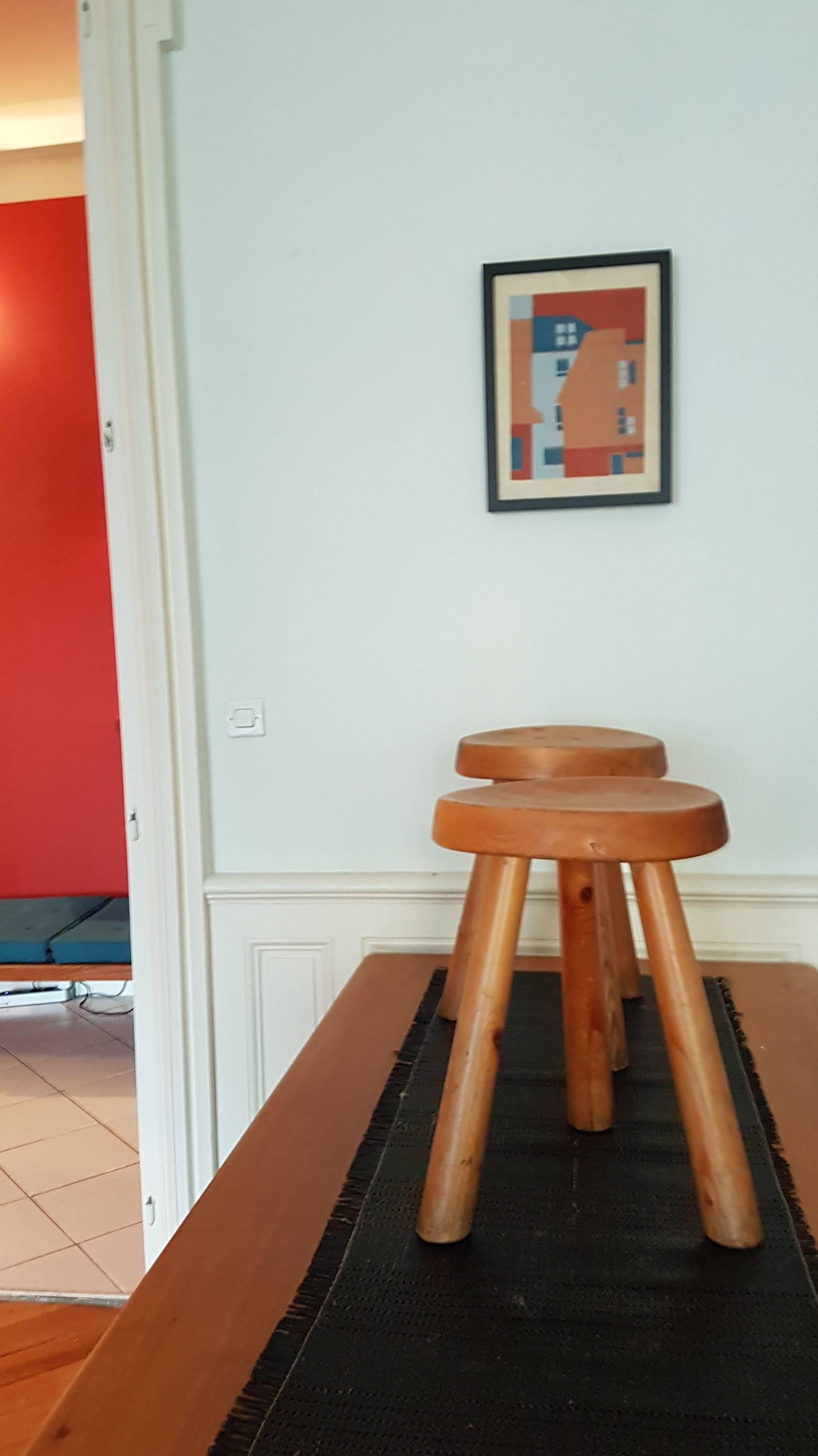 French Pair of Charlotte Perriand Stool from 1966 in Bois D'Arolle For Sale