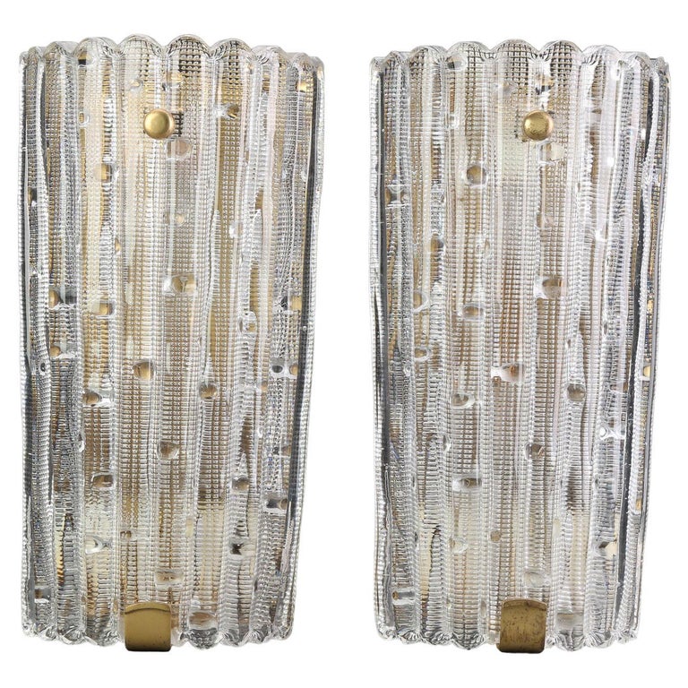 Large Orrefors Glass and Brass Wall Sconces For Sale