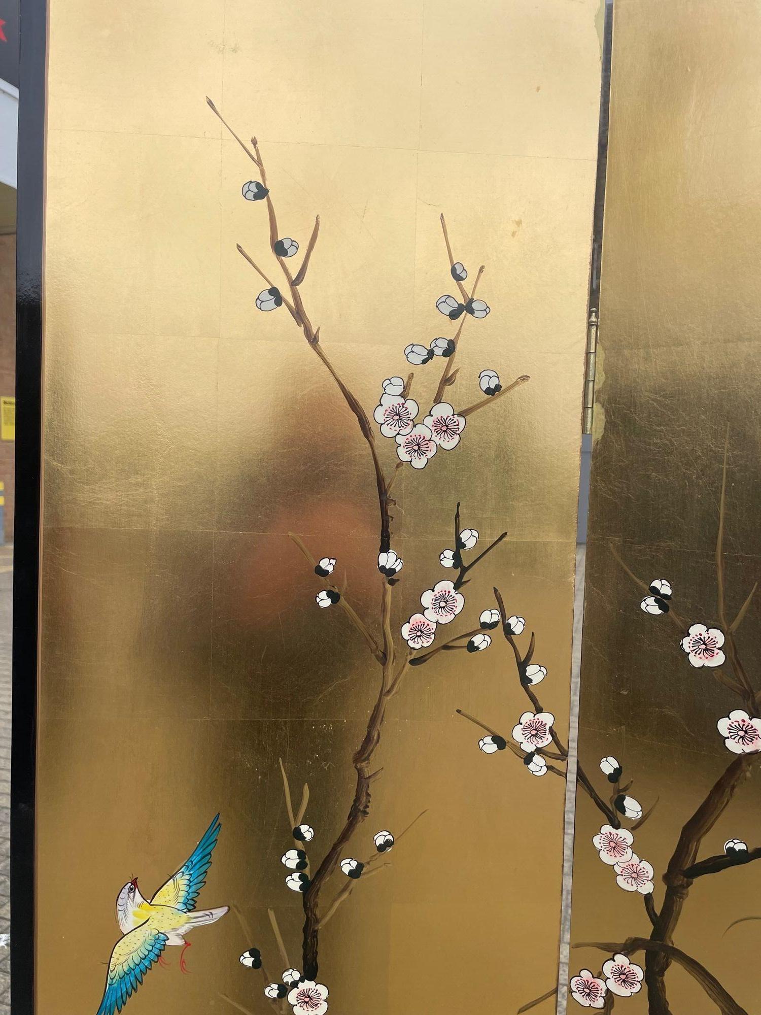 Oriental Gold Leaf and Hand Painted Four Panel Screen Decorated with Cranes 9