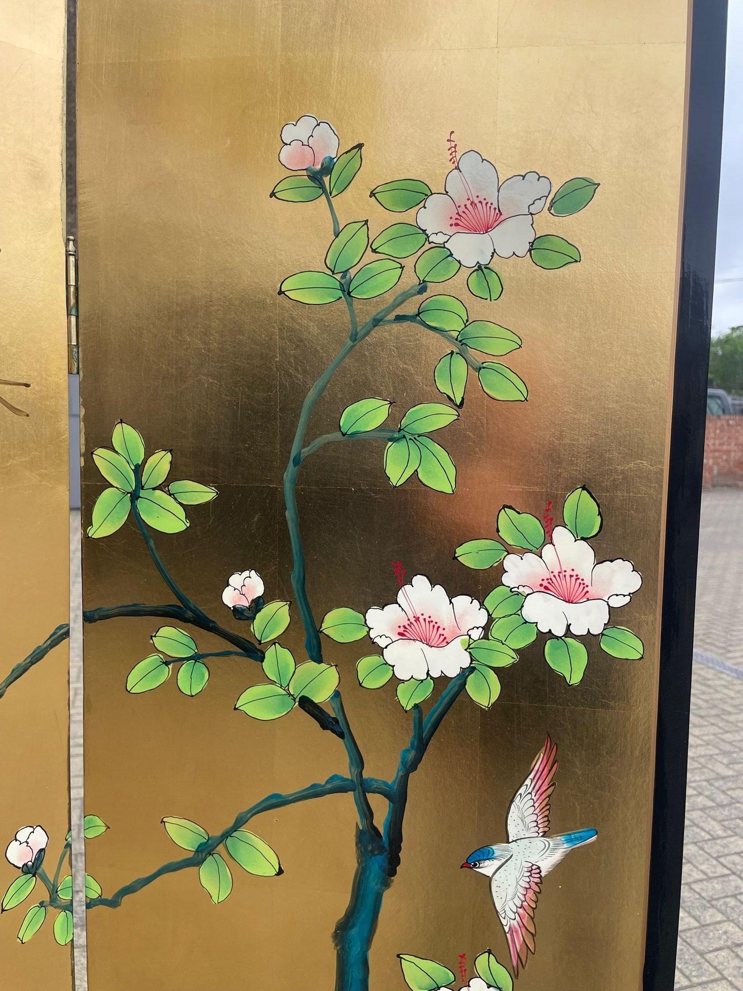 Oriental Gold Leaf and Hand Painted Four Panel Screen Decorated with Cranes 11