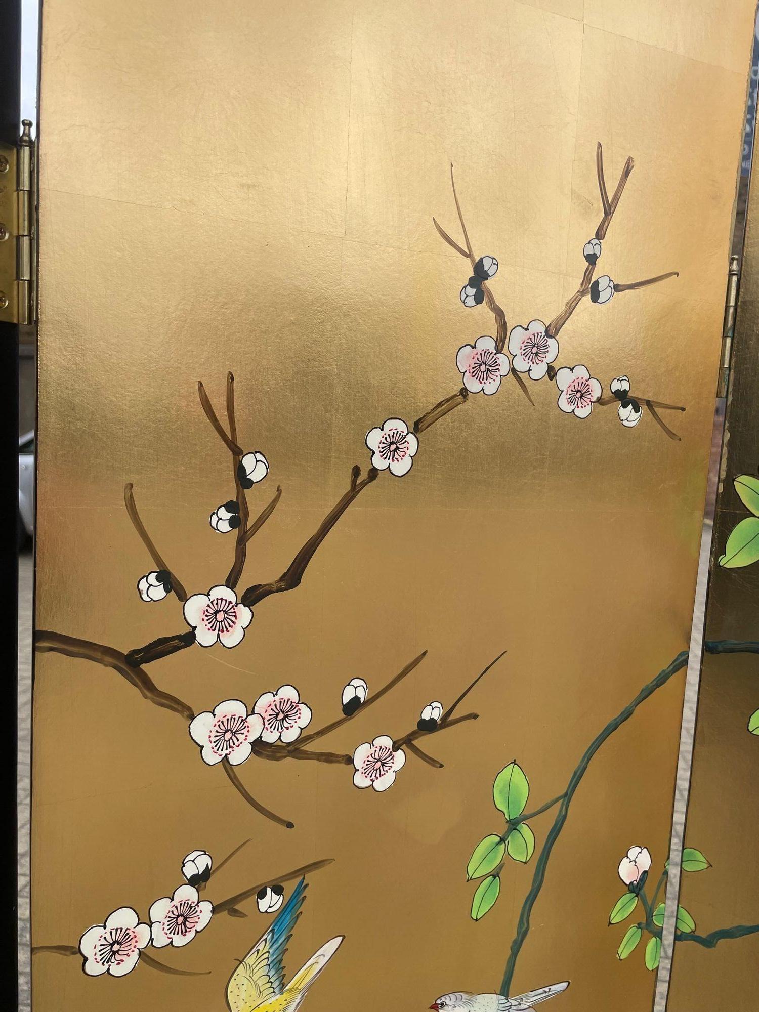 Oriental Gold Leaf and Hand Painted Four Panel Screen Decorated with Cranes 12