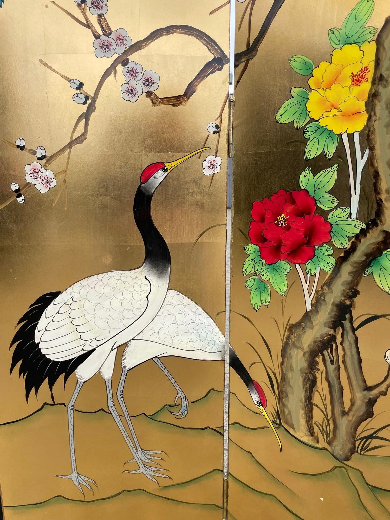Oriental Gold Leaf and Hand Painted Four Panel Screen Decorated with Cranes 13