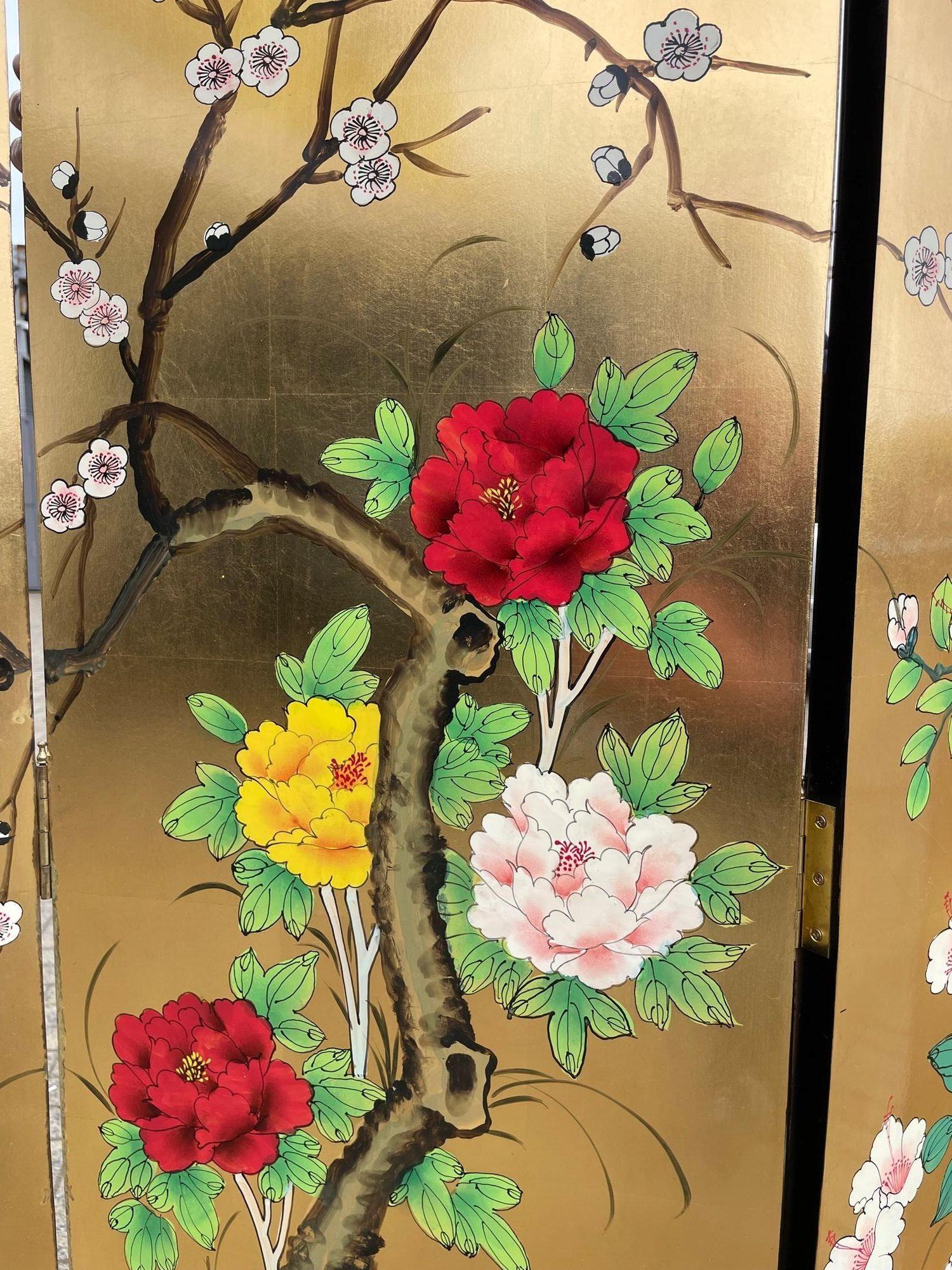Oriental Gold Leaf and Hand Painted Four Panel Screen Decorated with Cranes 14