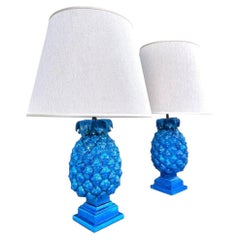 A lovely pair of large 1970s Italian cobalt blue ceramic pineapple lamps