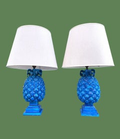A lovely pair of large 1970s Italian cobalt blue ceramic pineapple lamps