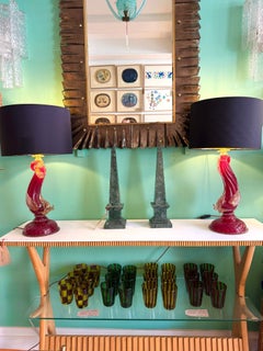 A wonderful pair of 1940s red Murano dolphin lamps by Barovier & Toso