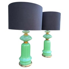 A pair of 1960s opaline, lime green Murano glass lamps by Gino Cenedese
