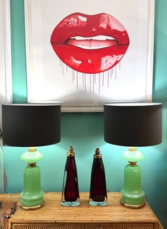 A pair of 1960s opaline, lime green Murano glass lamps by Gino Cenedese