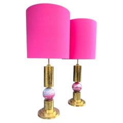 A pair of large Italian 1970s brass and pink agate lamps