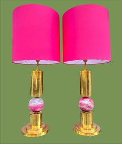 A pair of large Italian 1970s brass and pink agate lamps