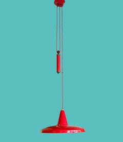 A1950s Stilnovo red enamel adjustable ceiling light with red counterweight