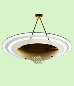 A pair of Italian 1970s brass and etched glass ceiling lights by Lamperti