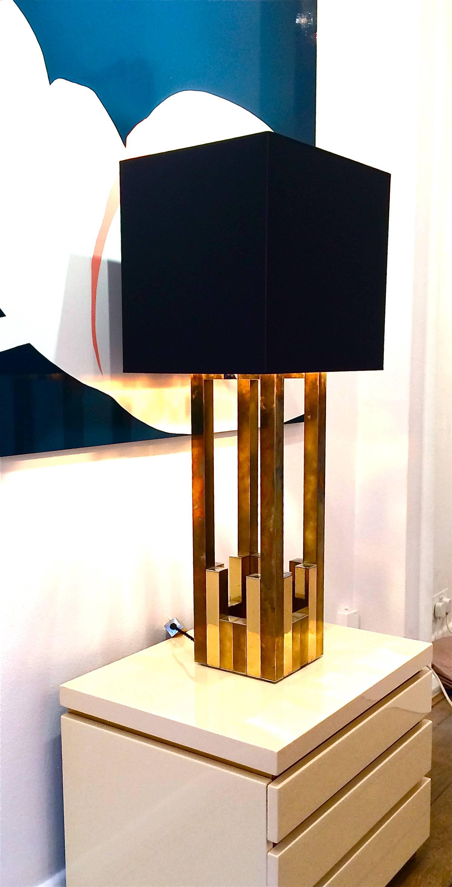 A large Willy Rizzo chrome and gilt lamp by Lumica with original switch with Lumica label on and large, new bespoke, square black shade with gold interior. Re wired with black cord flex and PAT tested for UK fittings.