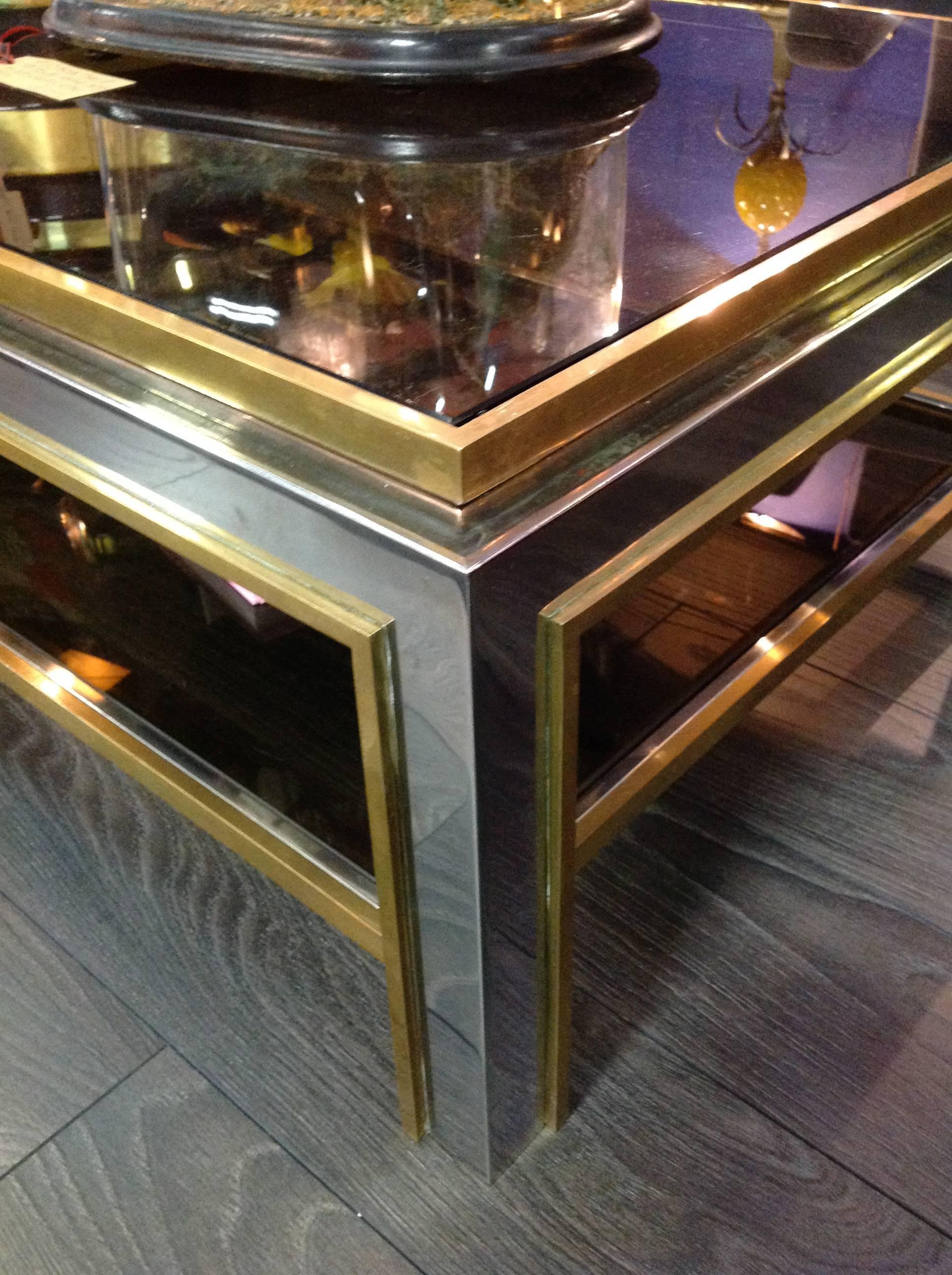 Brass A Jean Charles 1970s polished chrome and brass Coffee Table with smoked glass 