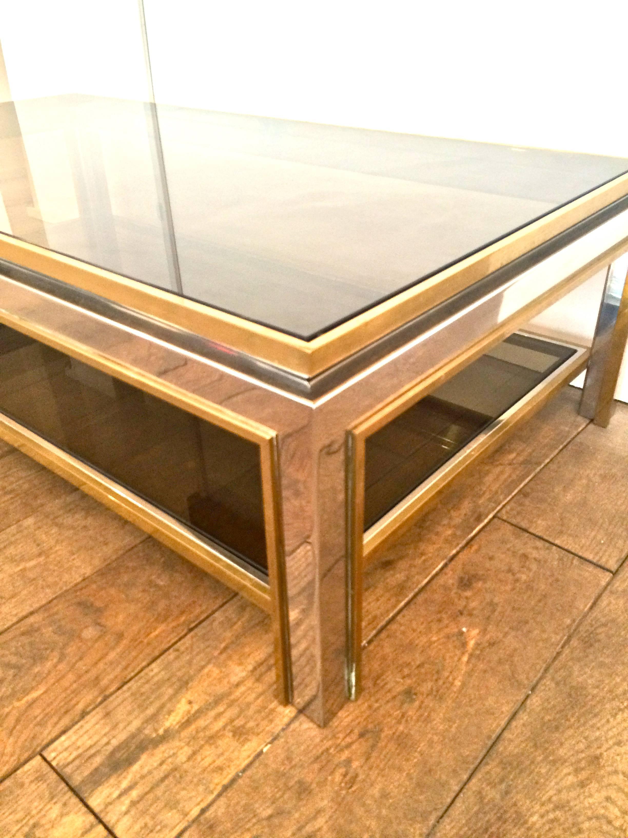 French A Jean Charles 1970s polished chrome and brass Coffee Table with smoked glass 
