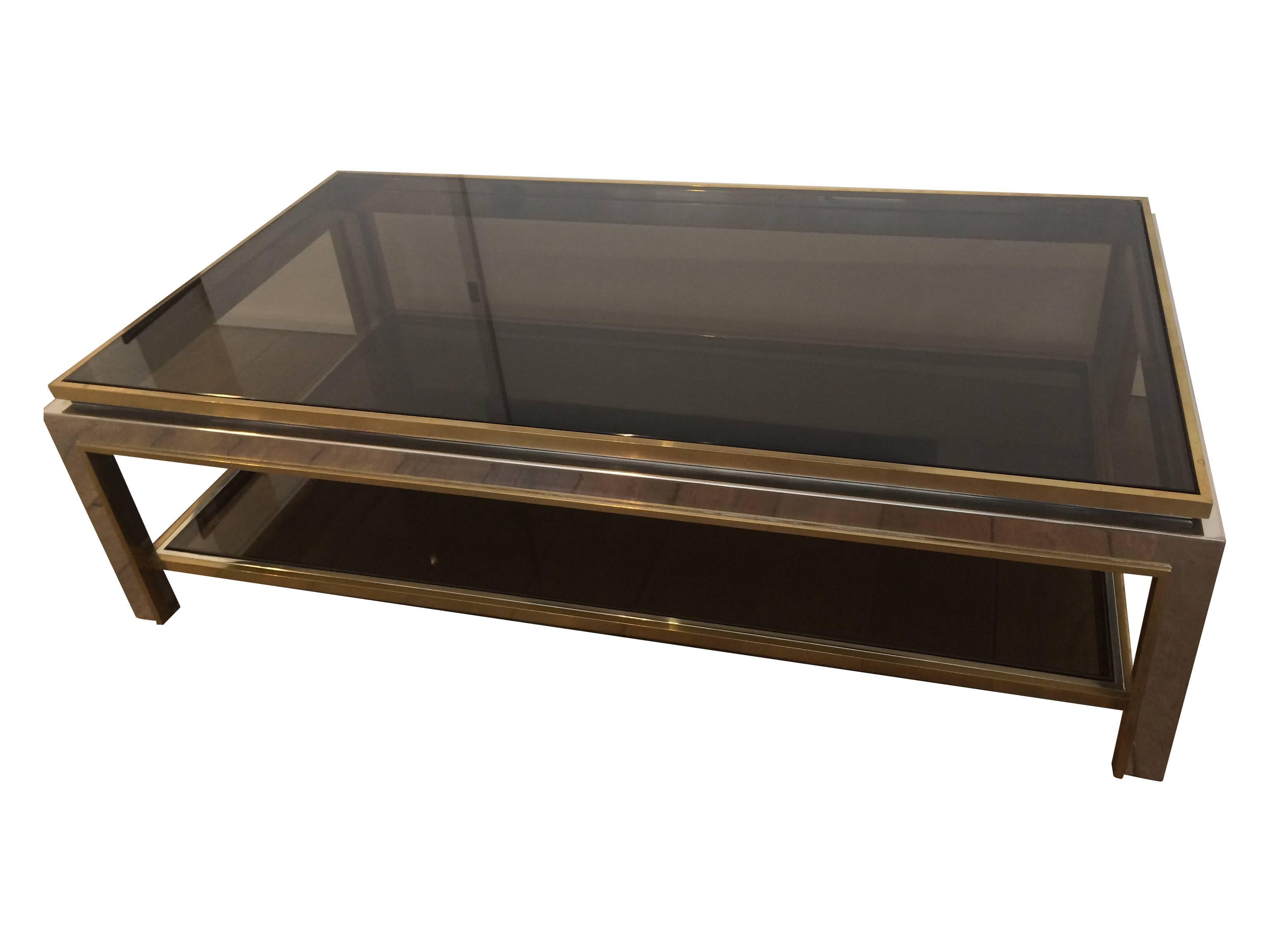 A Jean Charles 1970s polished chrome and brass Coffee Table with smoked glass  In Good Condition In London, GB