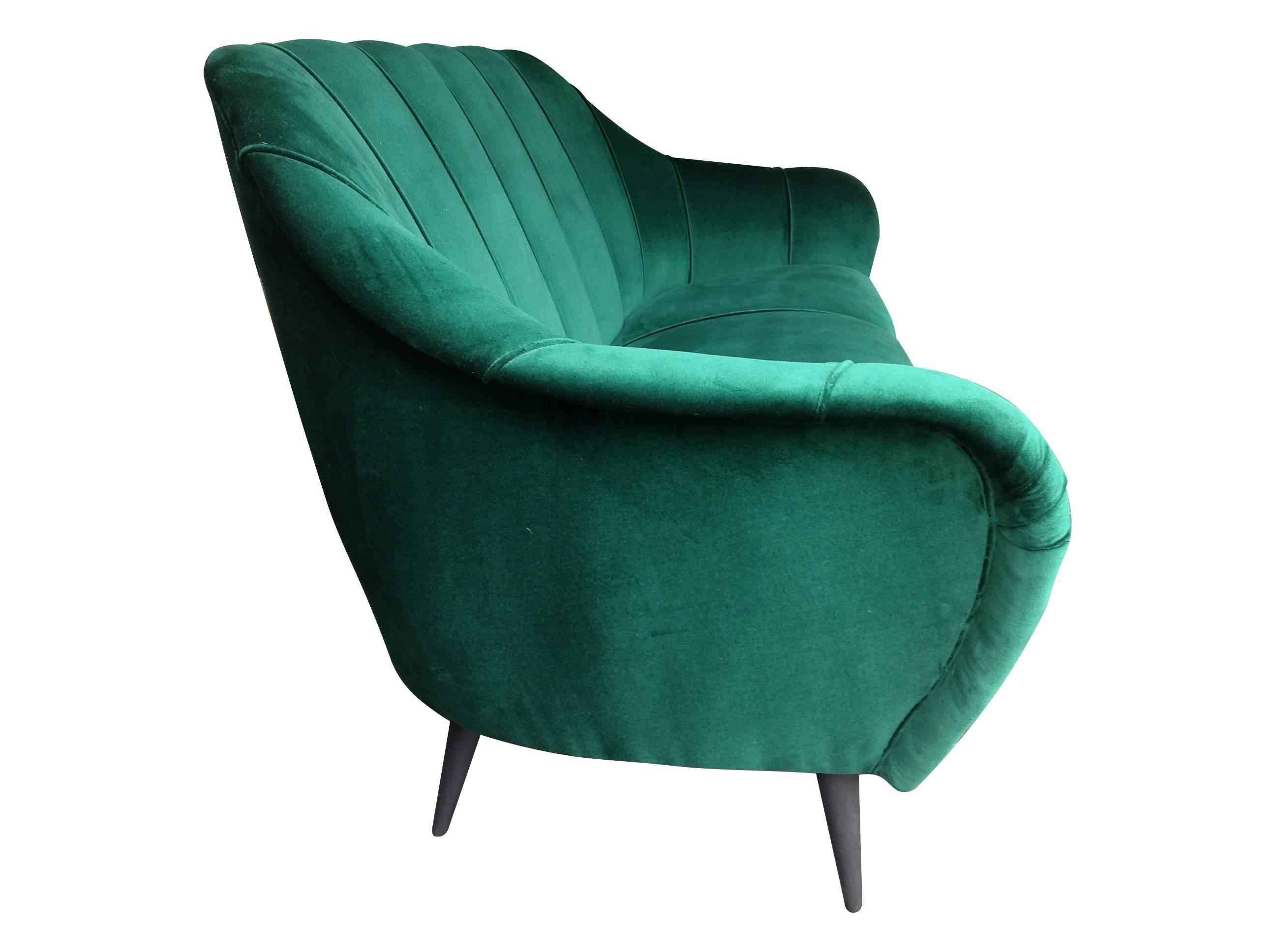 Mid-Century Modern Italian Emerald Green Velvet Sofa