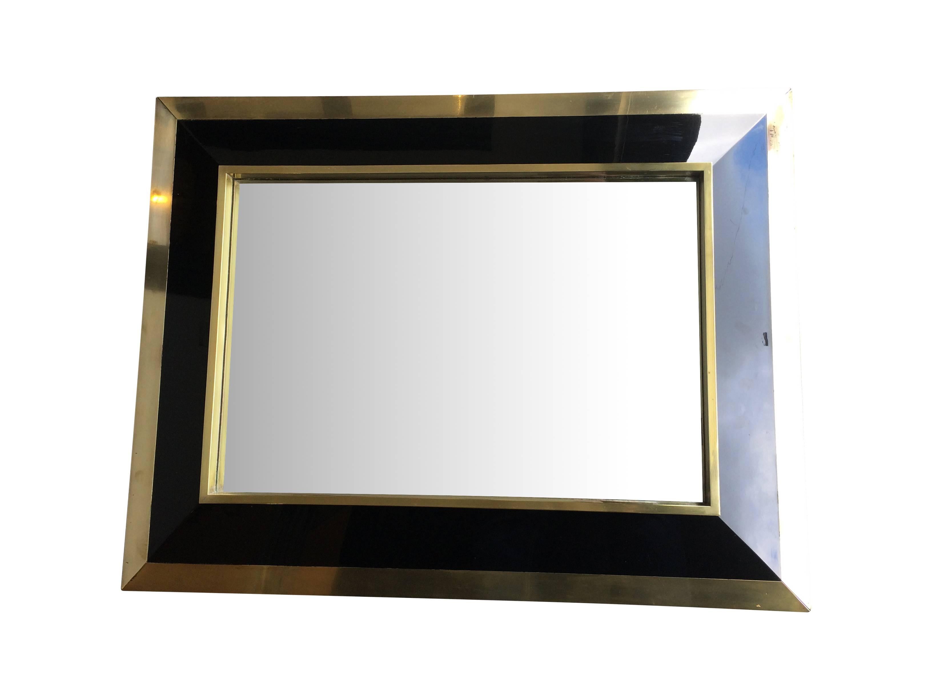 French Jean Claude Mahey Brass and Black Lacquer Mirror