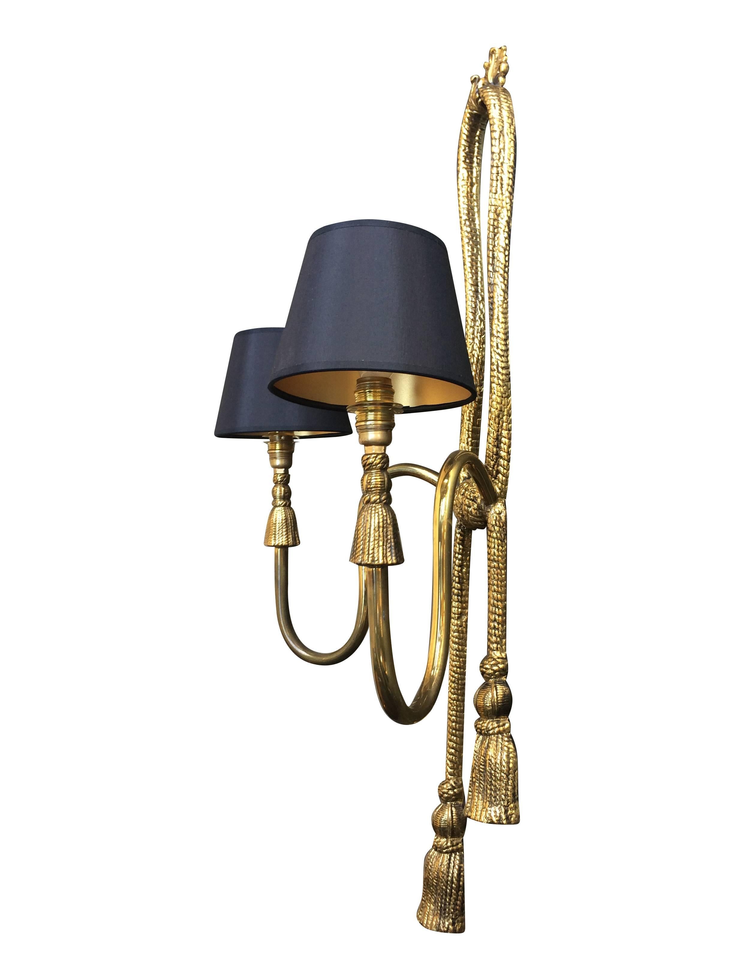 Spanish Pair of Large Valenti Brass Rope and Tassle Wall Lights