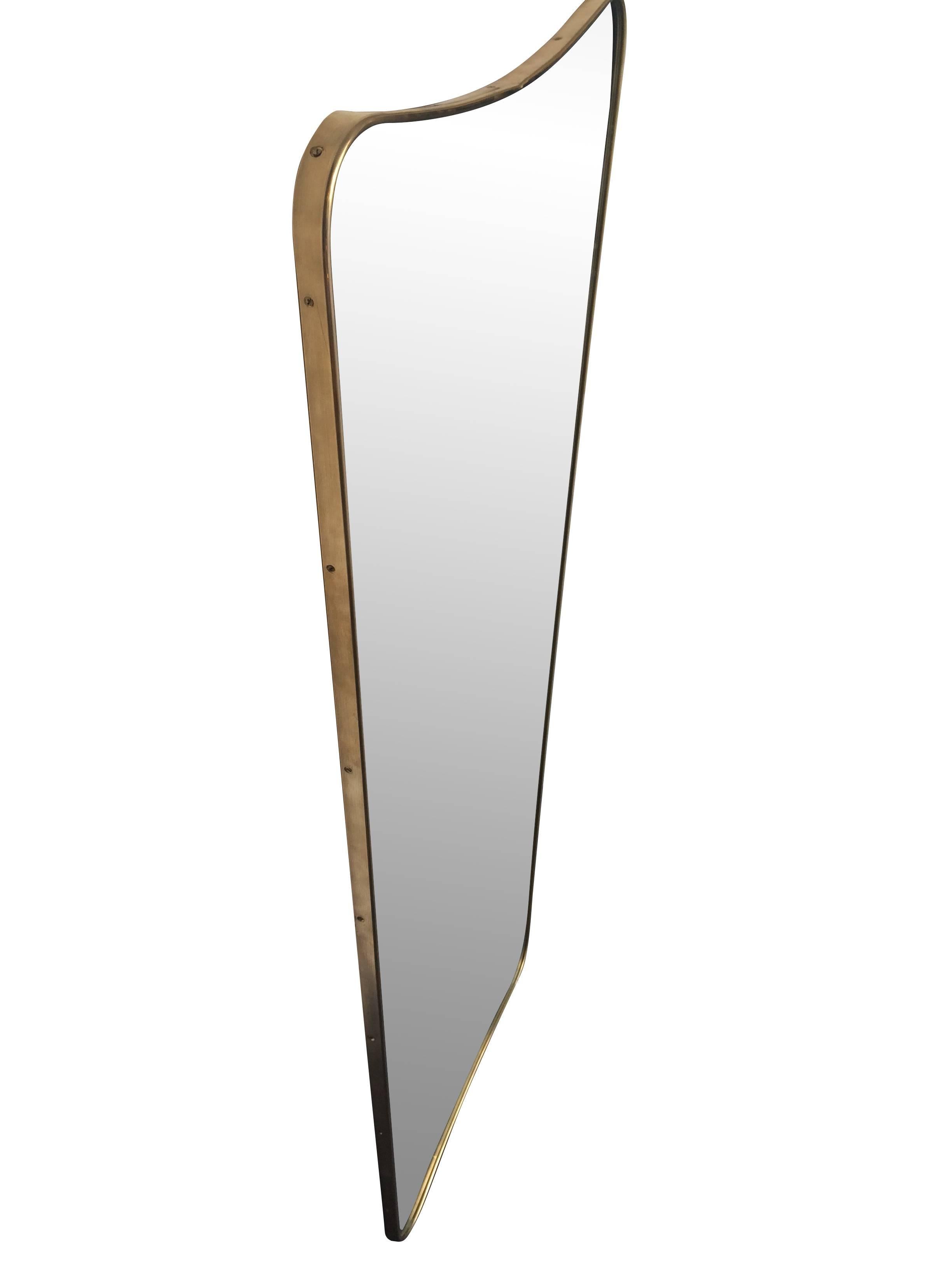 Medium Italian Shield Mirror With Brass Surround In The Style Of Gio Ponti 5