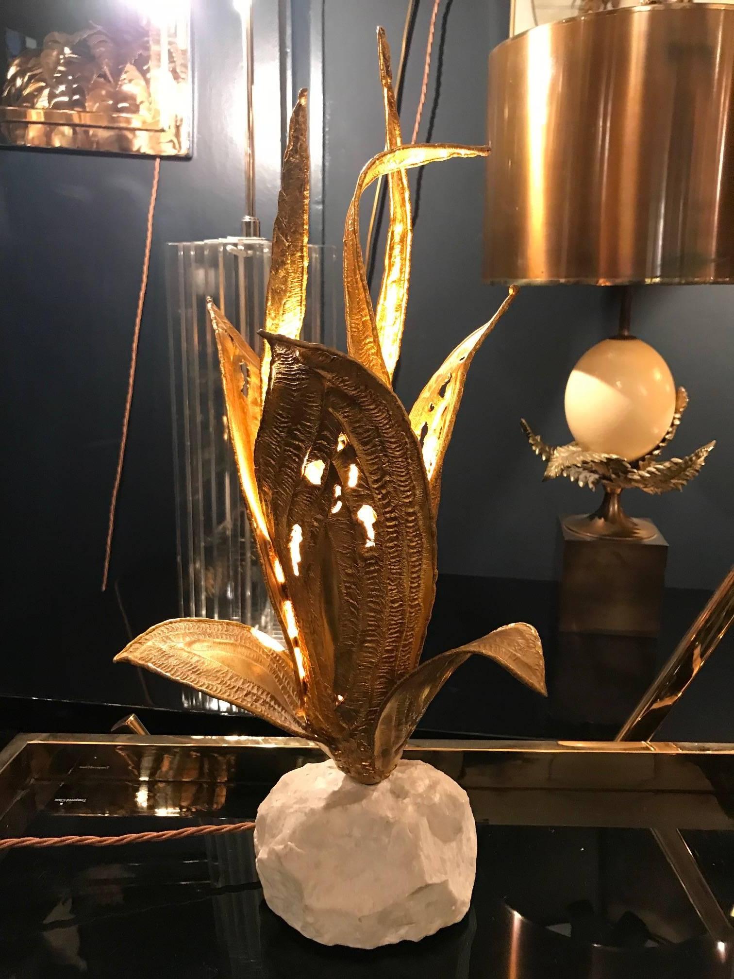 Duval Brasseur Brass Flower Lamp on Solid Marble Base In Good Condition In London, GB