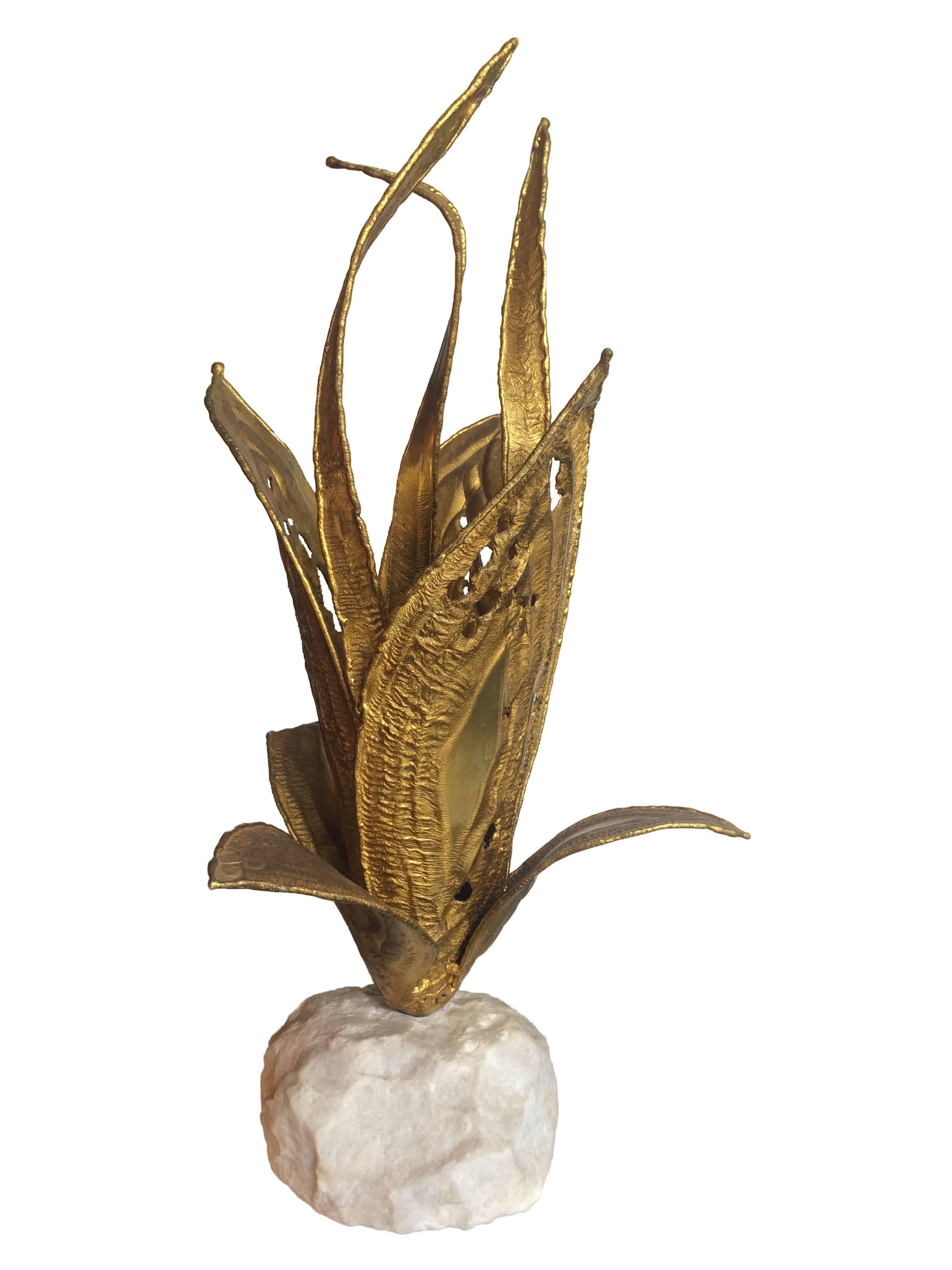 Mid-Century Modern Duval Brasseur Brass Flower Lamp on Solid Marble Base