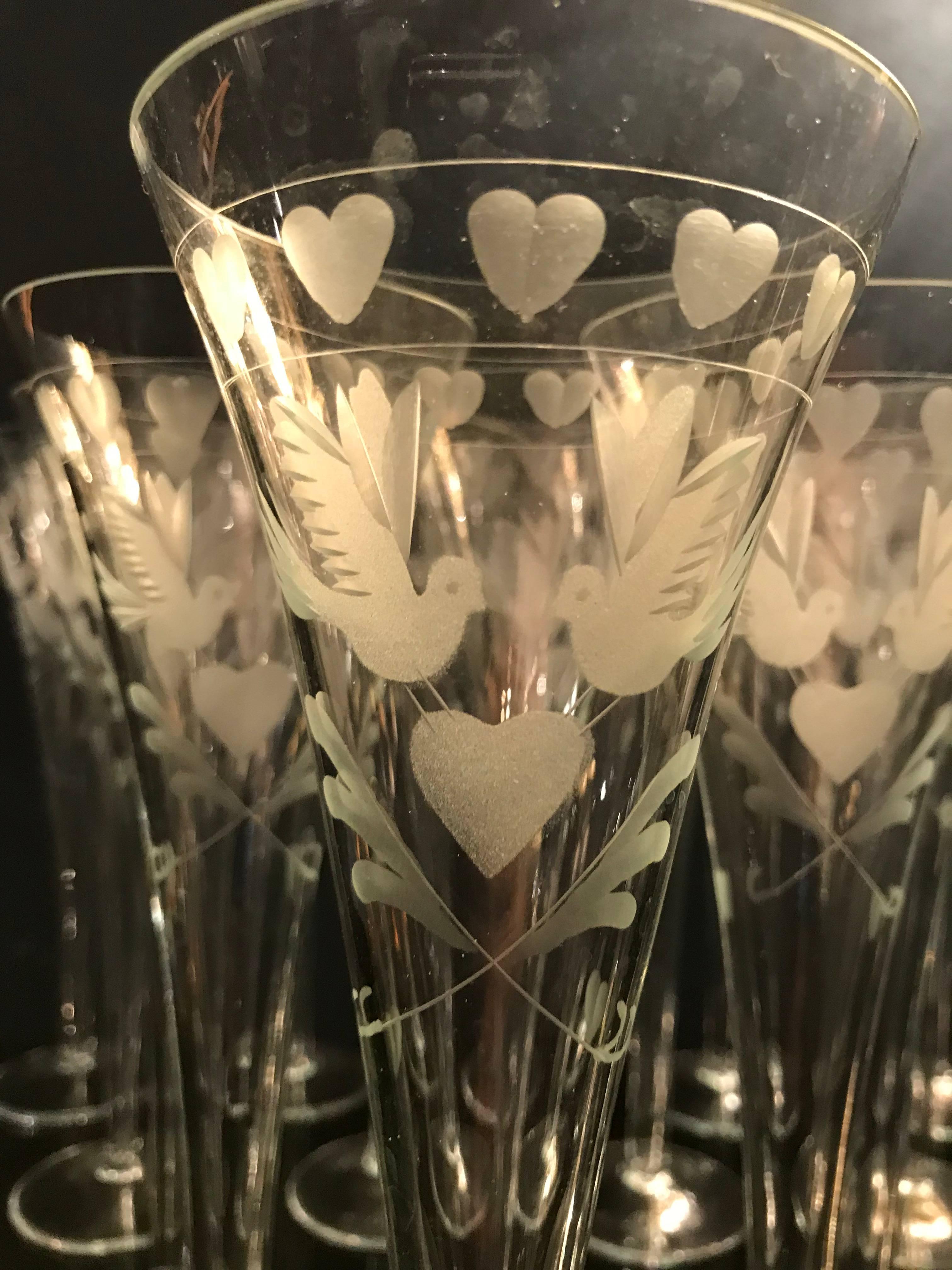 Mid-20th Century Vintage French Engraved Champagne Flutes