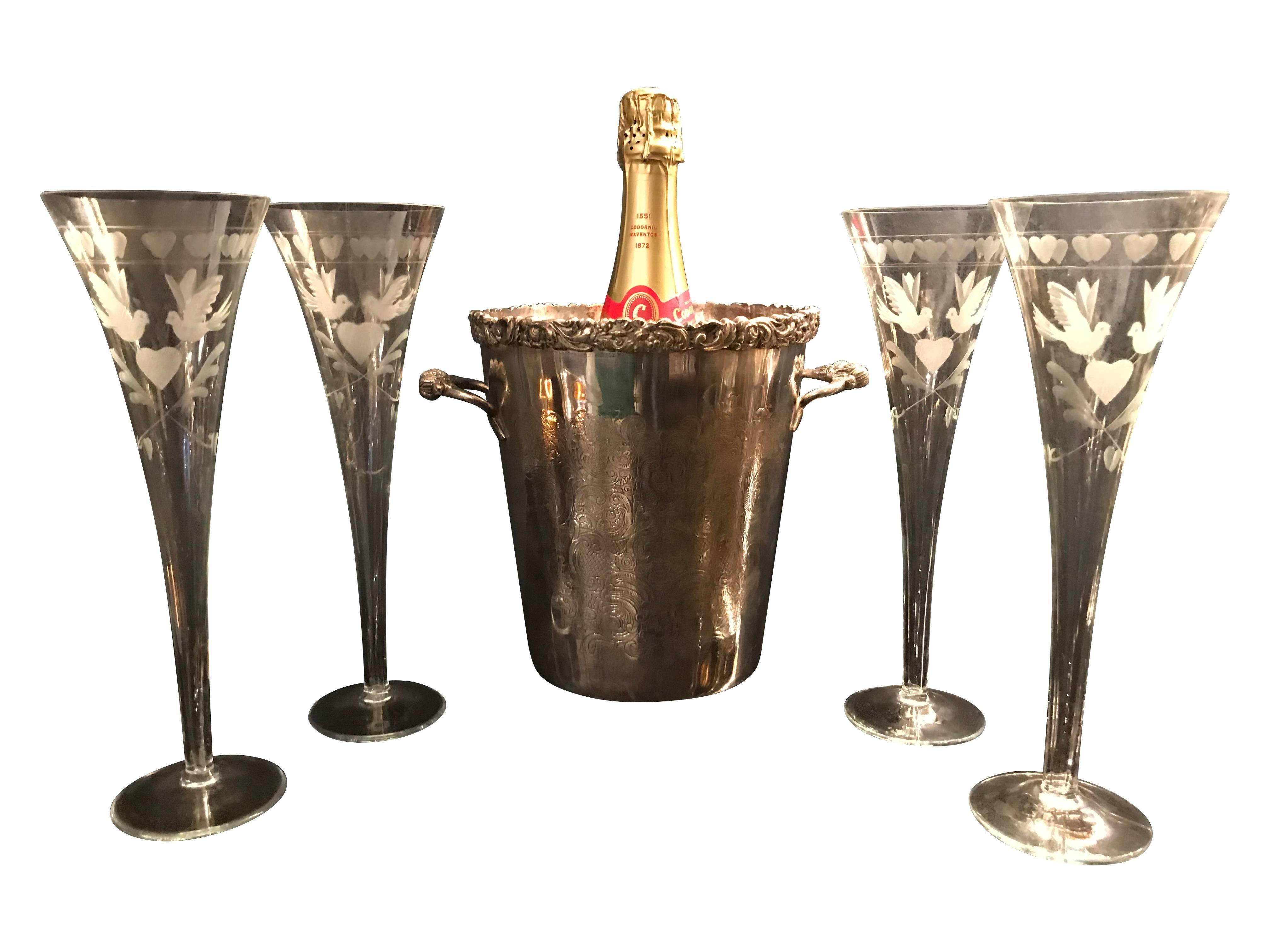 Mid-Century Modern Vintage French Engraved Champagne Flutes
