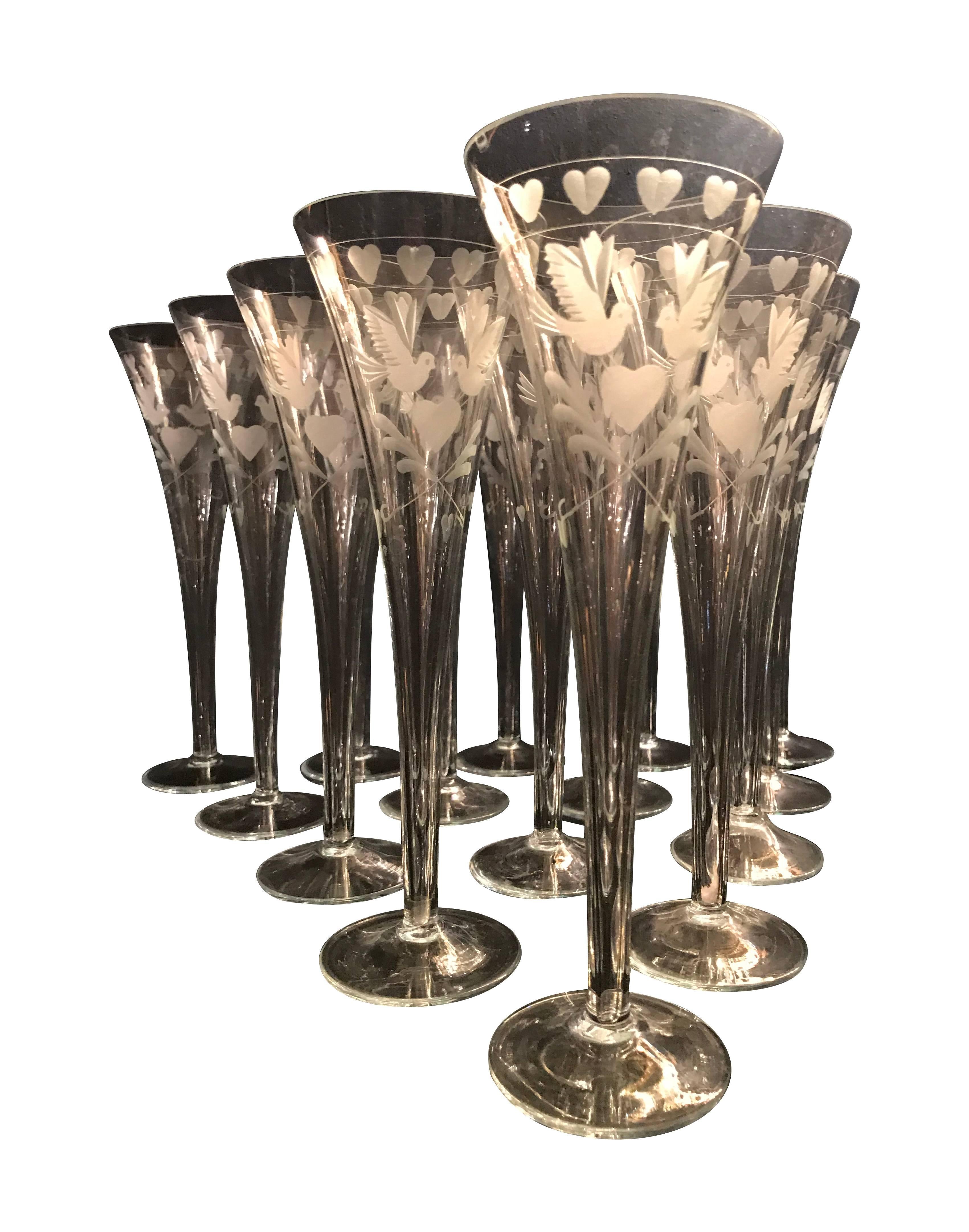 Vintage French Engraved Champagne Flutes In Good Condition In London, GB