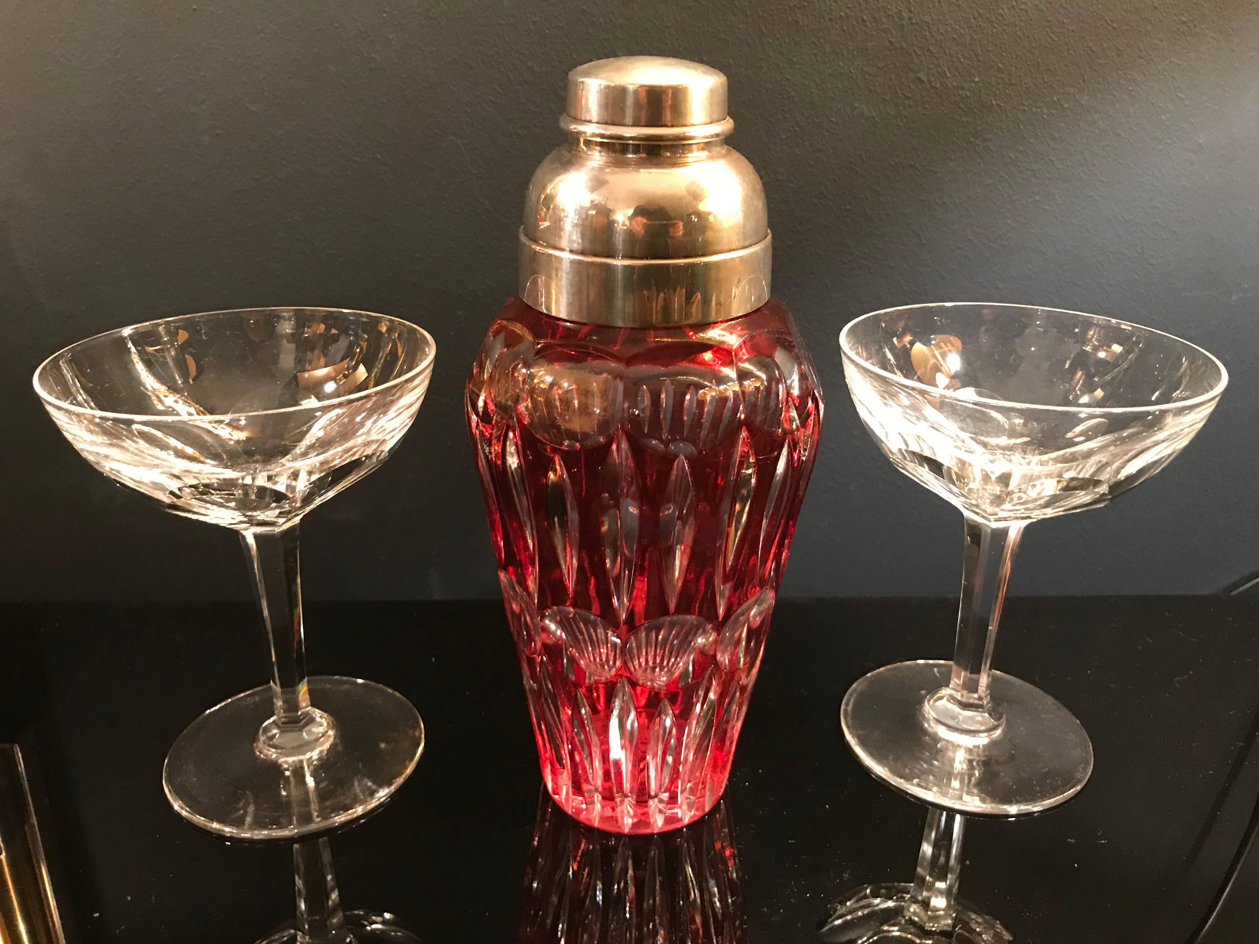 Mid-20th Century Cranberry Glass Cocktail Shaker with Silver Plate
