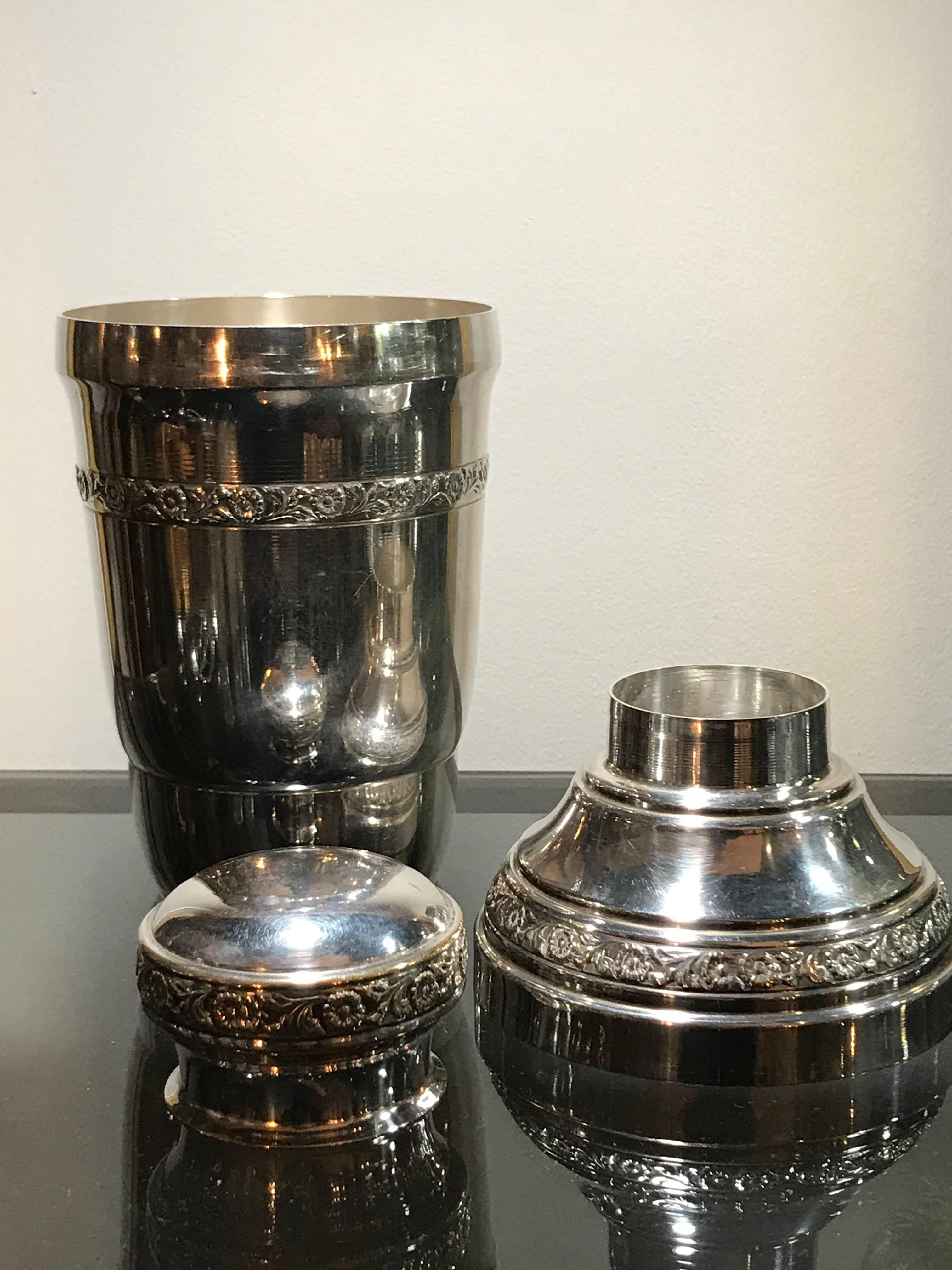 Italian Silver Plated Cocktail Shaker with Ornate Embossed Flowers