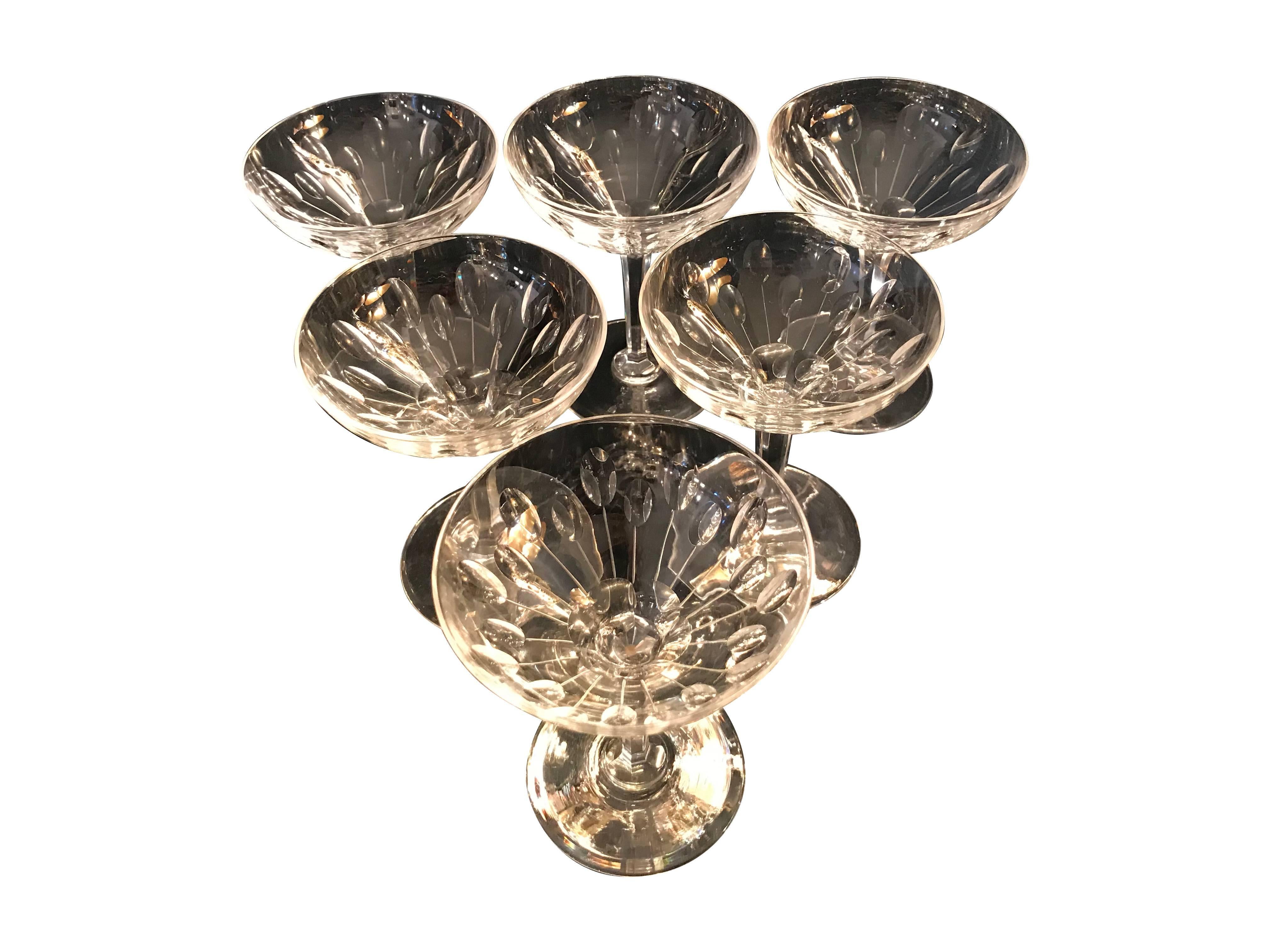 Val St Lambert "Nestor Hamlet" crystal cocktail / champagne glasses, with elegant geometric design on faceted stem. Superb quality, heavy coupe glasses in perfect condition. 16 available, minimum purchases is a pair.

 