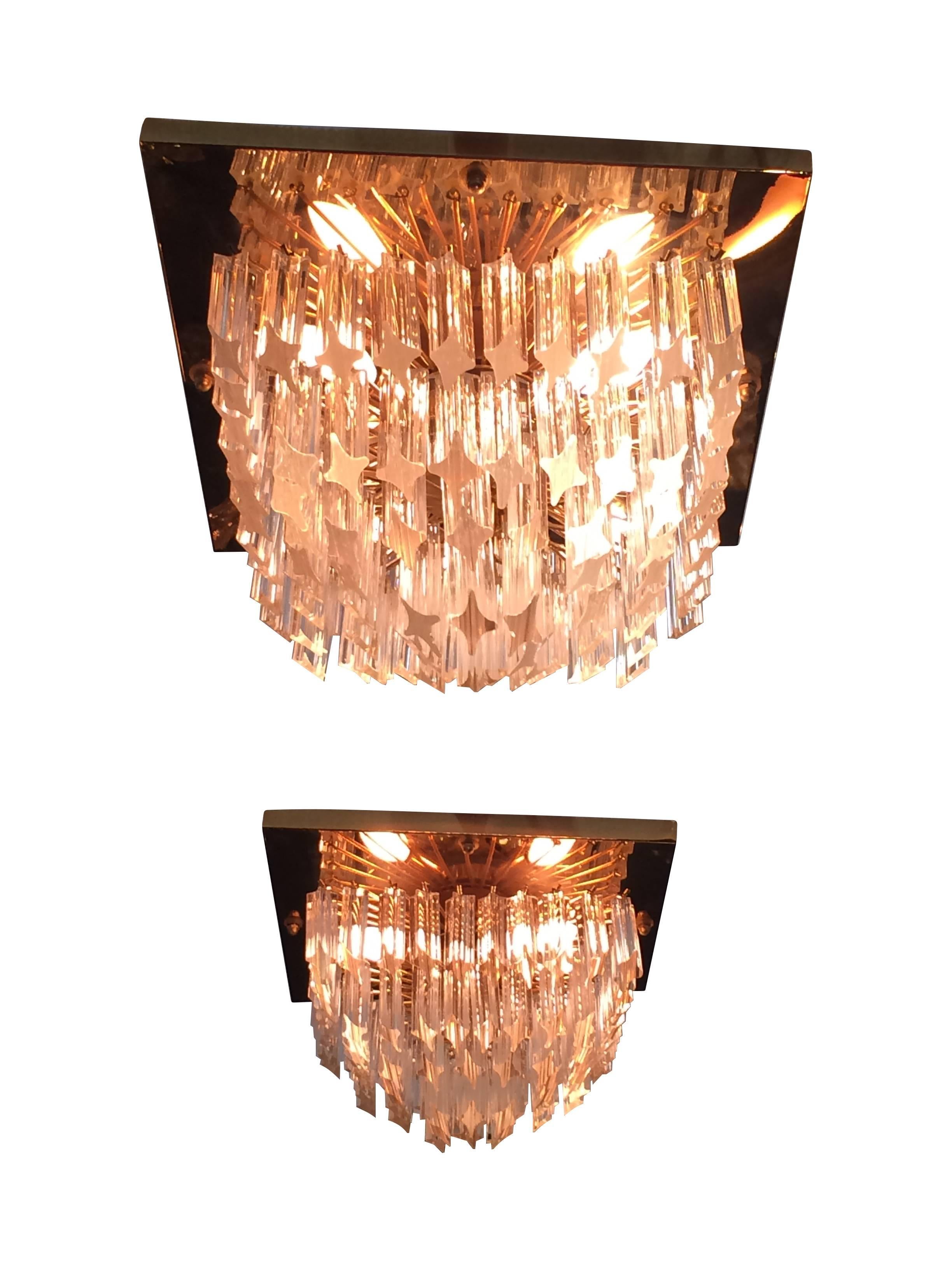 Late 20th Century Pair of Venini Crystal Chandeliers on Gold-Plated Frames