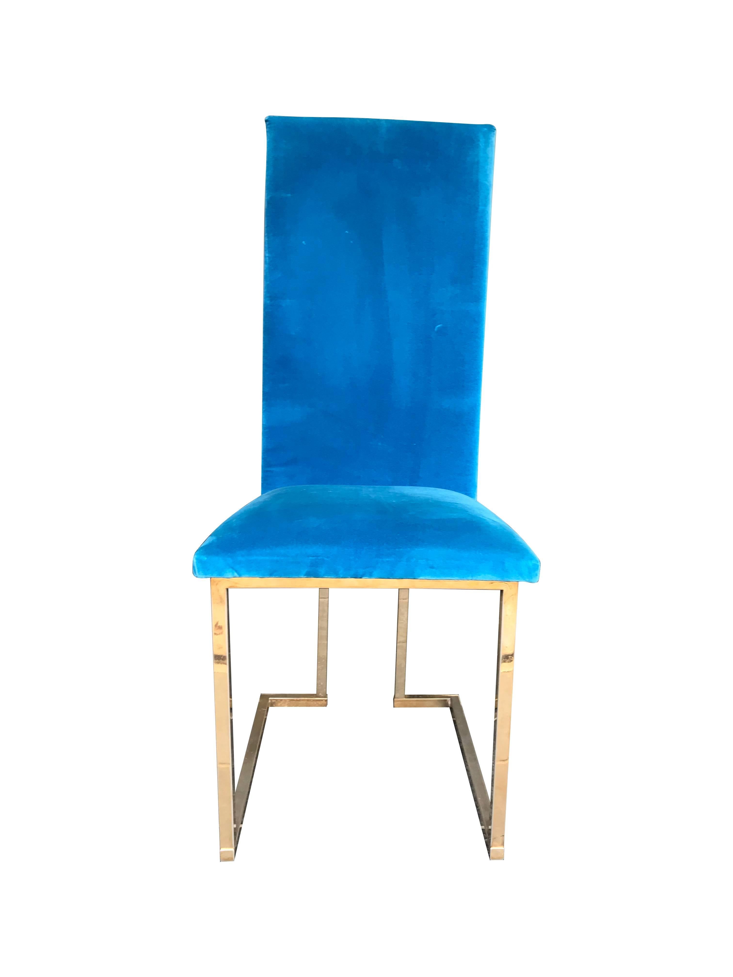 A set of 4 Willy Rizzo dining chairs with gilt metal frames and upholstered in stunning turquoise velvet. 