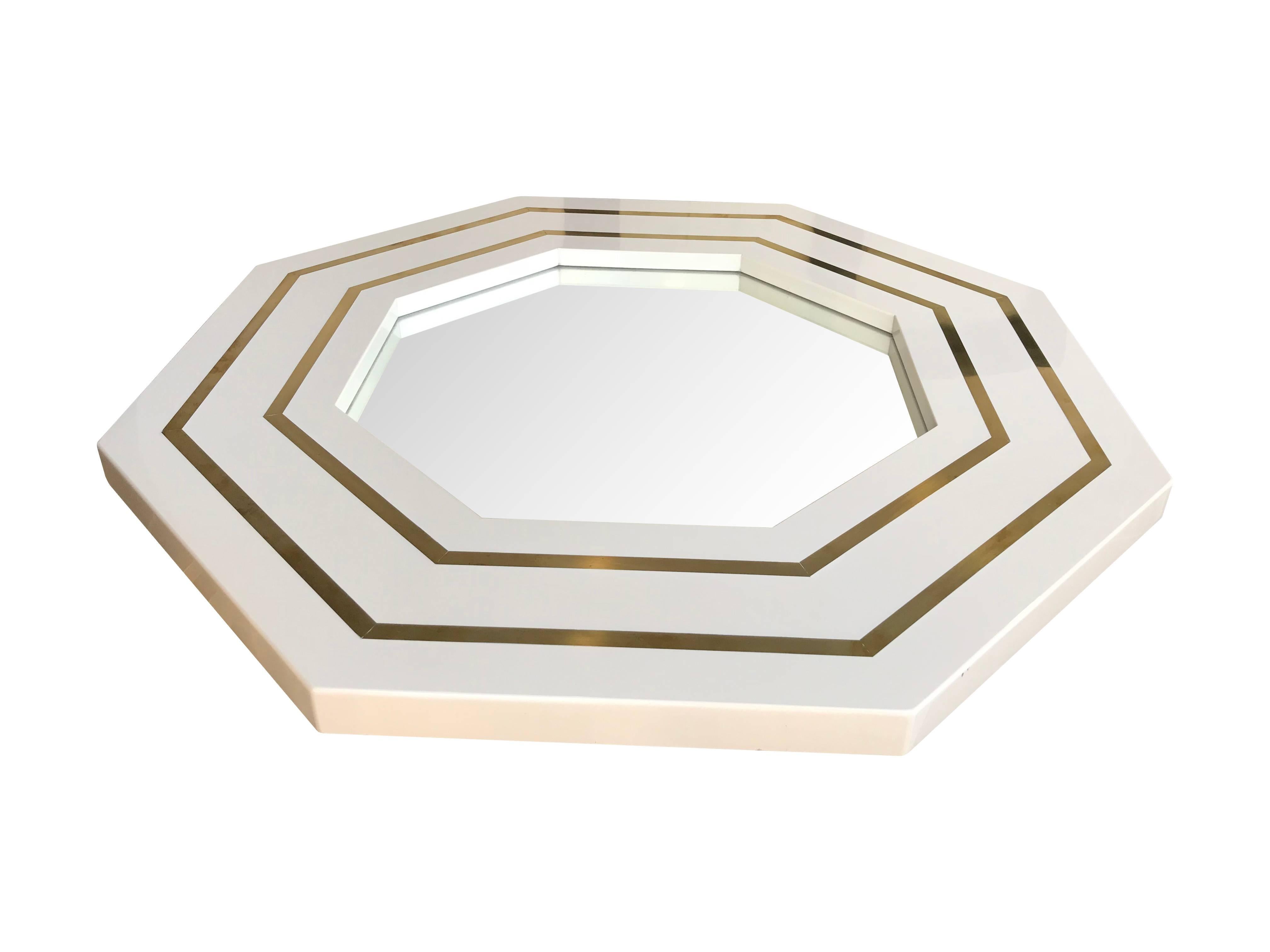 Mid-Century Modern Jean Claude Mahey Ivory Lacquered Octagonal Mirror