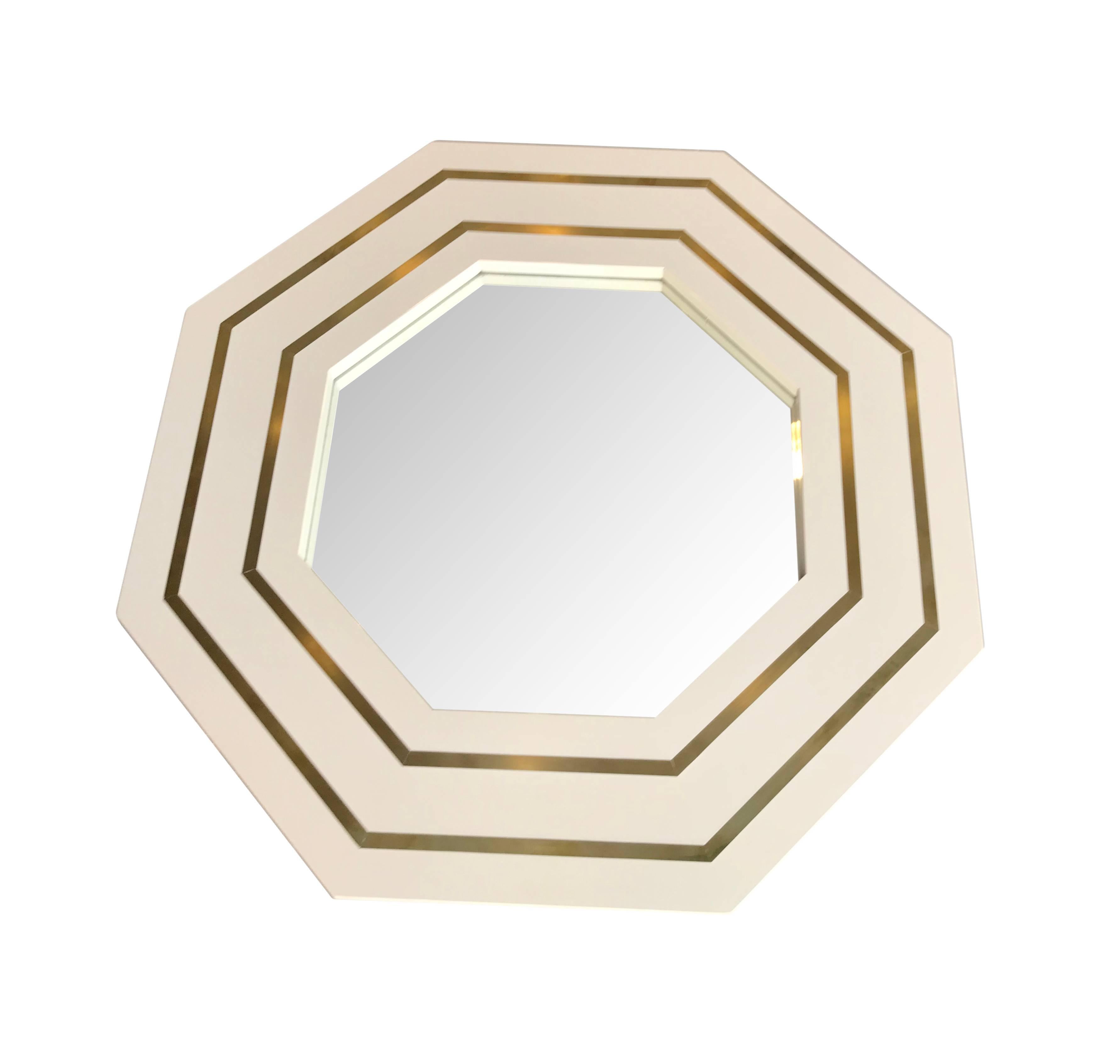 French Jean Claude Mahey Ivory Lacquered Octagonal Mirror