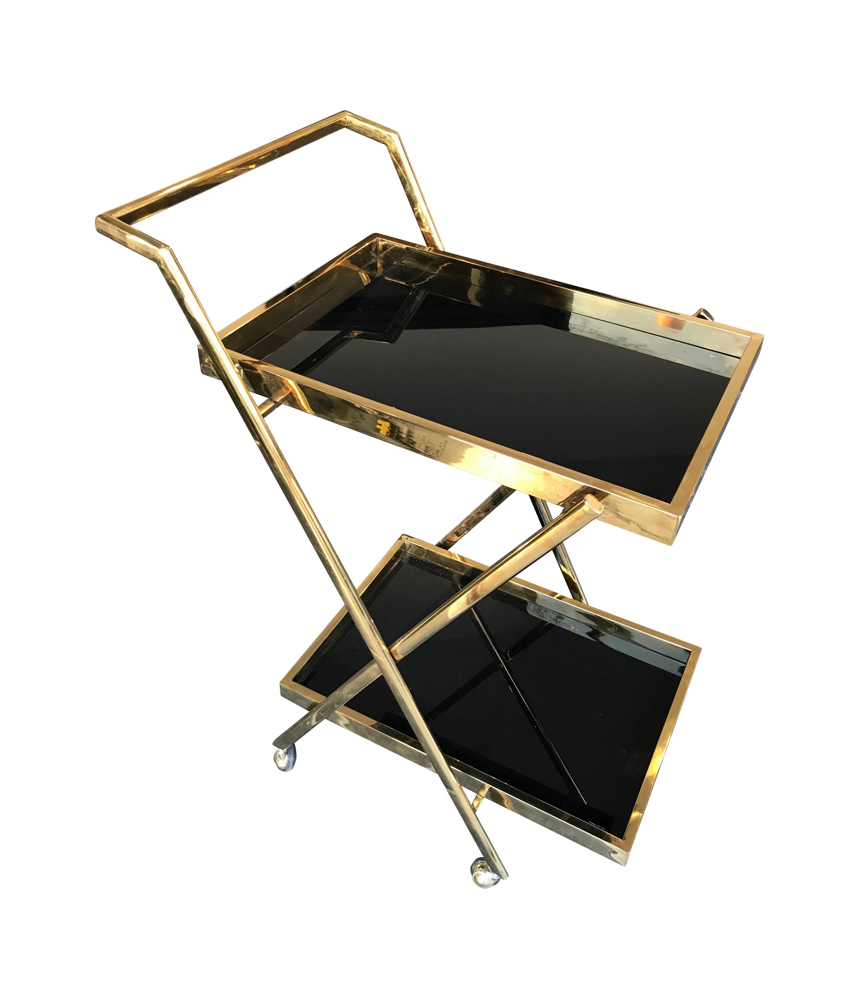 French Brass Bar Trolley with Black Glass Shelves