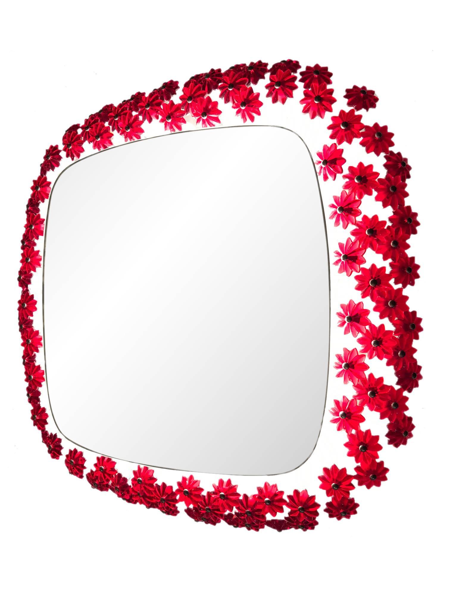 An Emil Stejnar mirror with red acrylic flower surround on white enamel stems mounted on a back plate with single bulb fitting. For Rupert Nikoll lighting. Re wired and PAT tested.