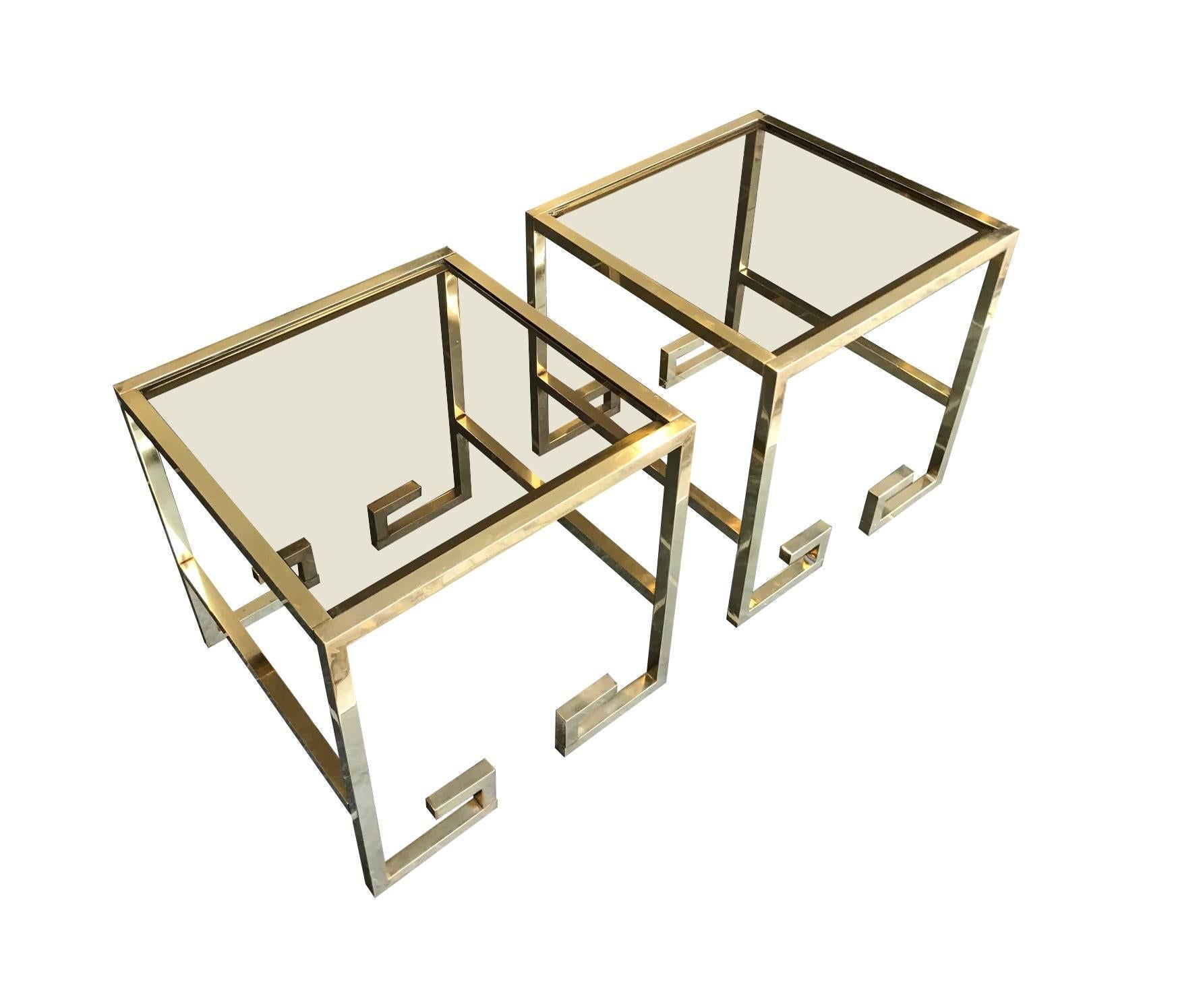Hollywood Regency Pair of Brass Greek Key Design Side Tables