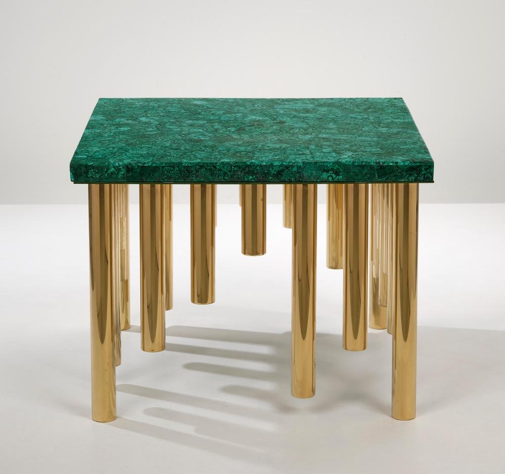 Stalactite model coffee table, 24 polished brass legs, rectangular Malachite table top designed by Studio Superego for Superego Editions.

Biography
Superego editions was born in 2006, performing a constant activity of research in decorative arts by