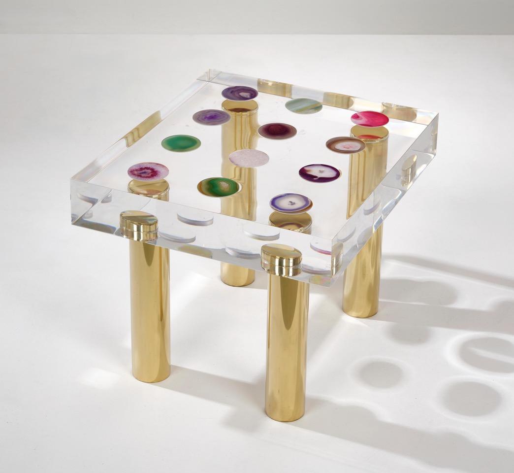 Acrylic glass construction reduced to basic geometric shapes, rectangular table top with agate inlays, four polished brass legs designed by Studio Superego for Superego Editions. Signed.

Biography
Superego editions was born in 2006, performing a