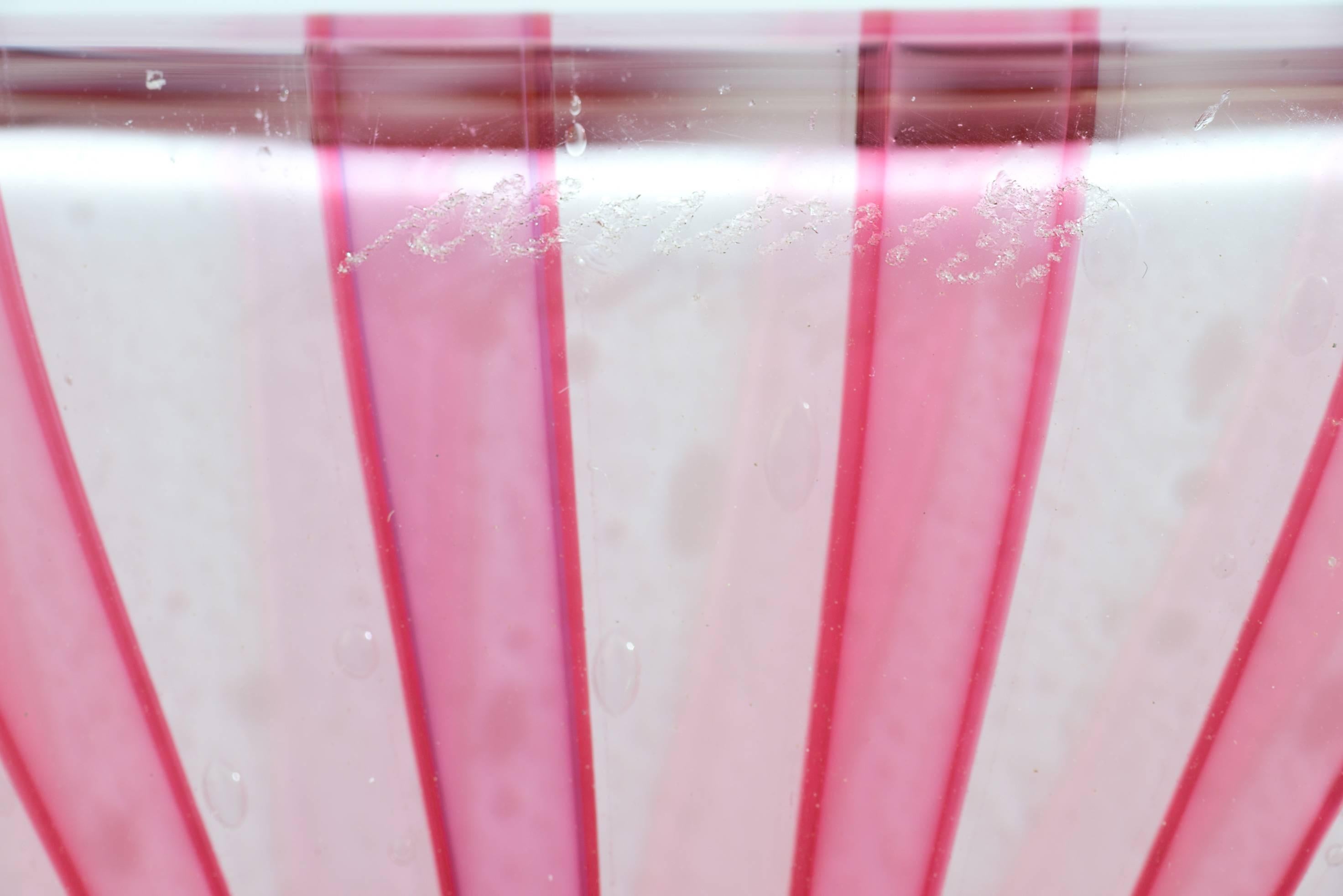 Alessandro Mendini for Venini, Berito glass vase, with vertical pink stripes, incised mark and dated with applied circular label.
Exhibited at Tingo design gallery in 2008 for the exhibition Murano a go-go. Out production. 
Original label and